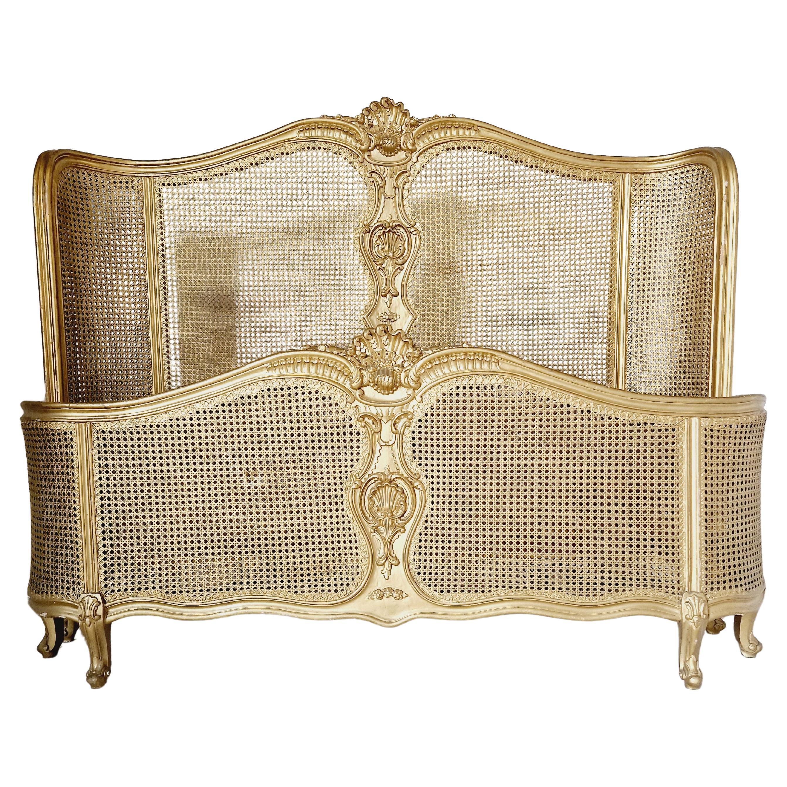 French Cane Bed Louis XV Style in Gold Lacquer For Sale