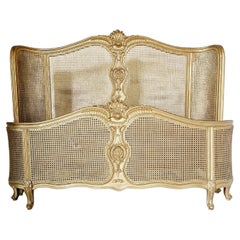 Vintage French Cane Bed Louis XV Style in Gold Lacquer