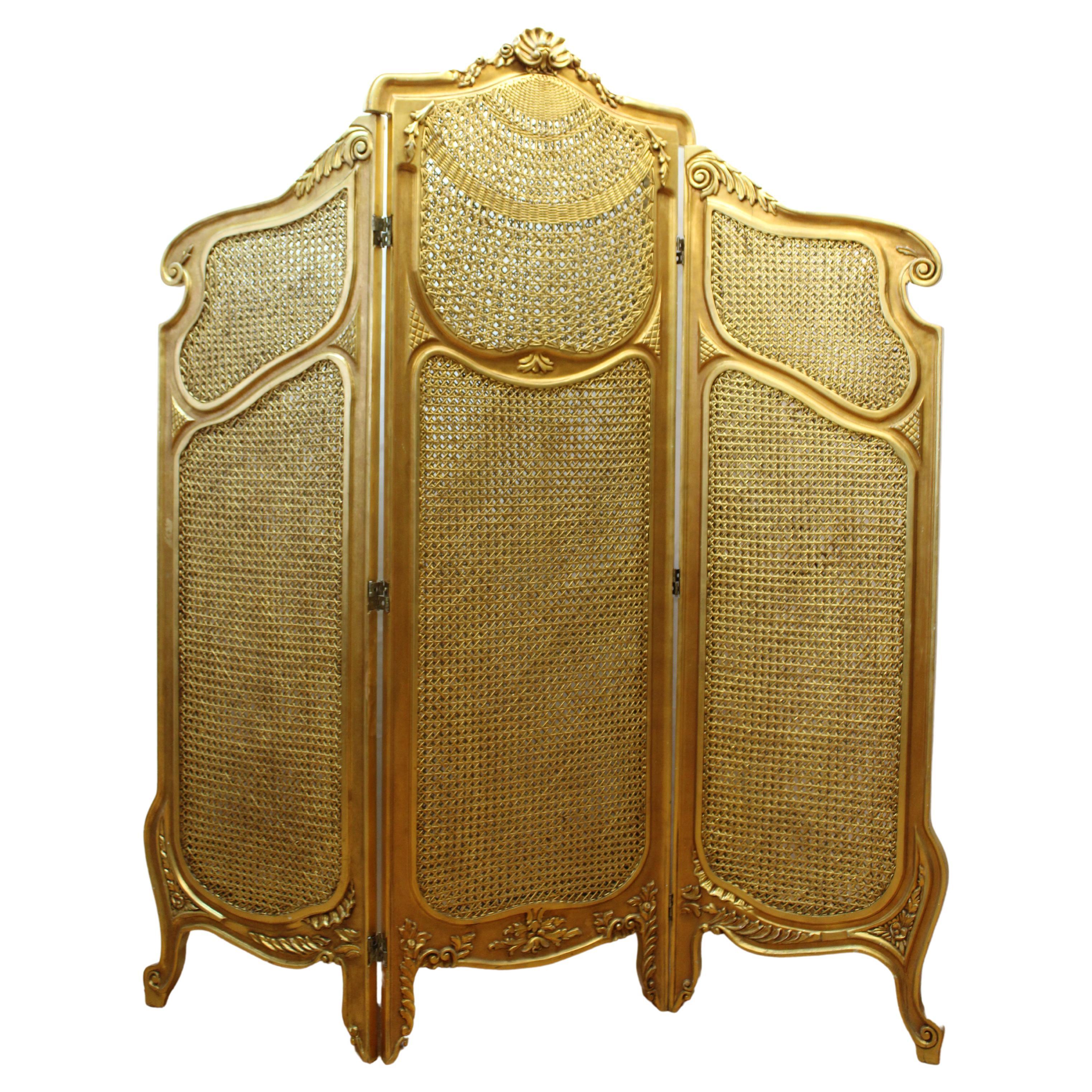 French Caned and Gilded Early 20th Century Screen For Sale