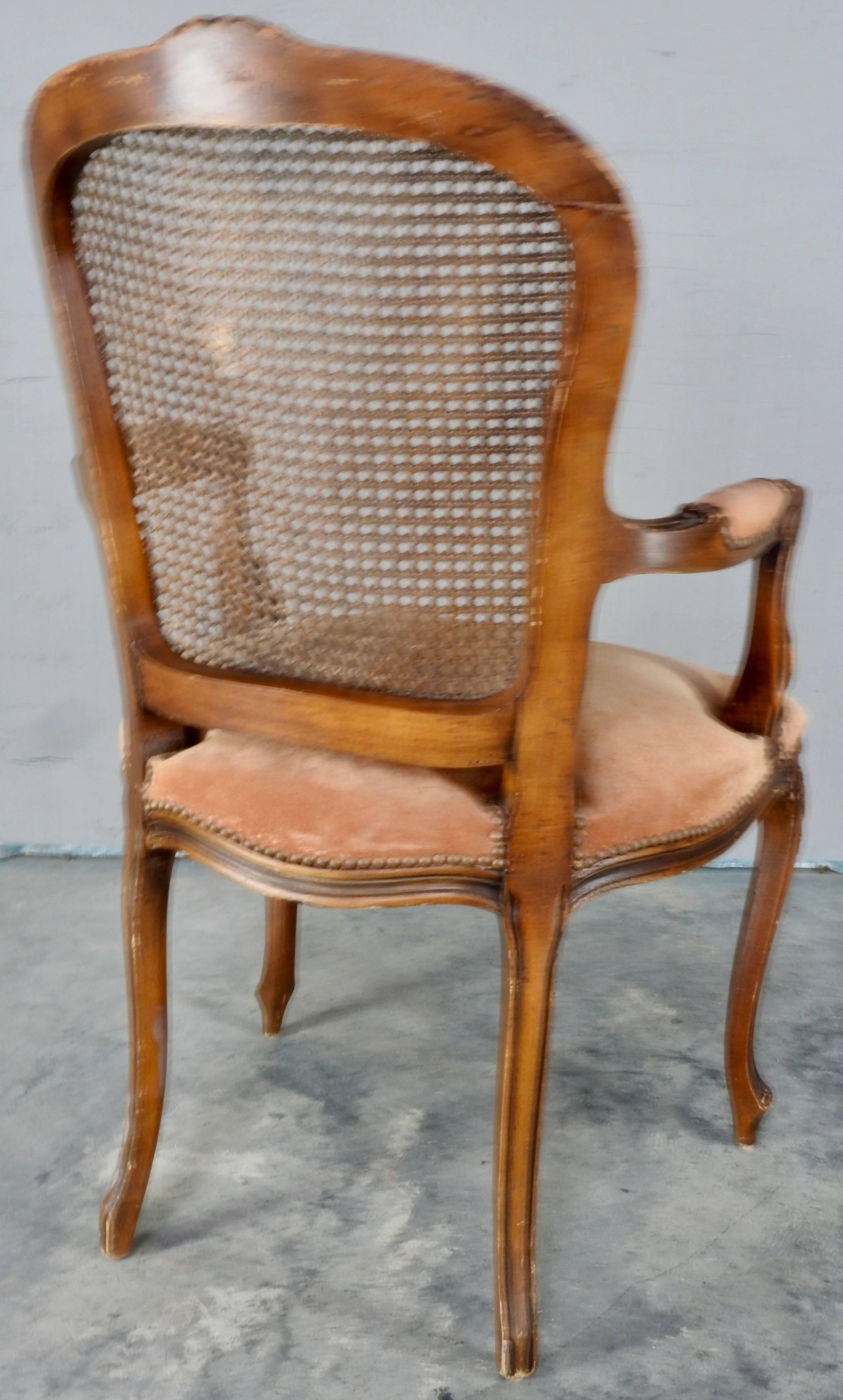 A caned back accents the back of this fauteuil from the 19th century in France. The seat has been covered in suede which is not original to the chair. The wood is carved with elegant flowers. Scrolled arms have suede arm rests. Bronze tacks finish