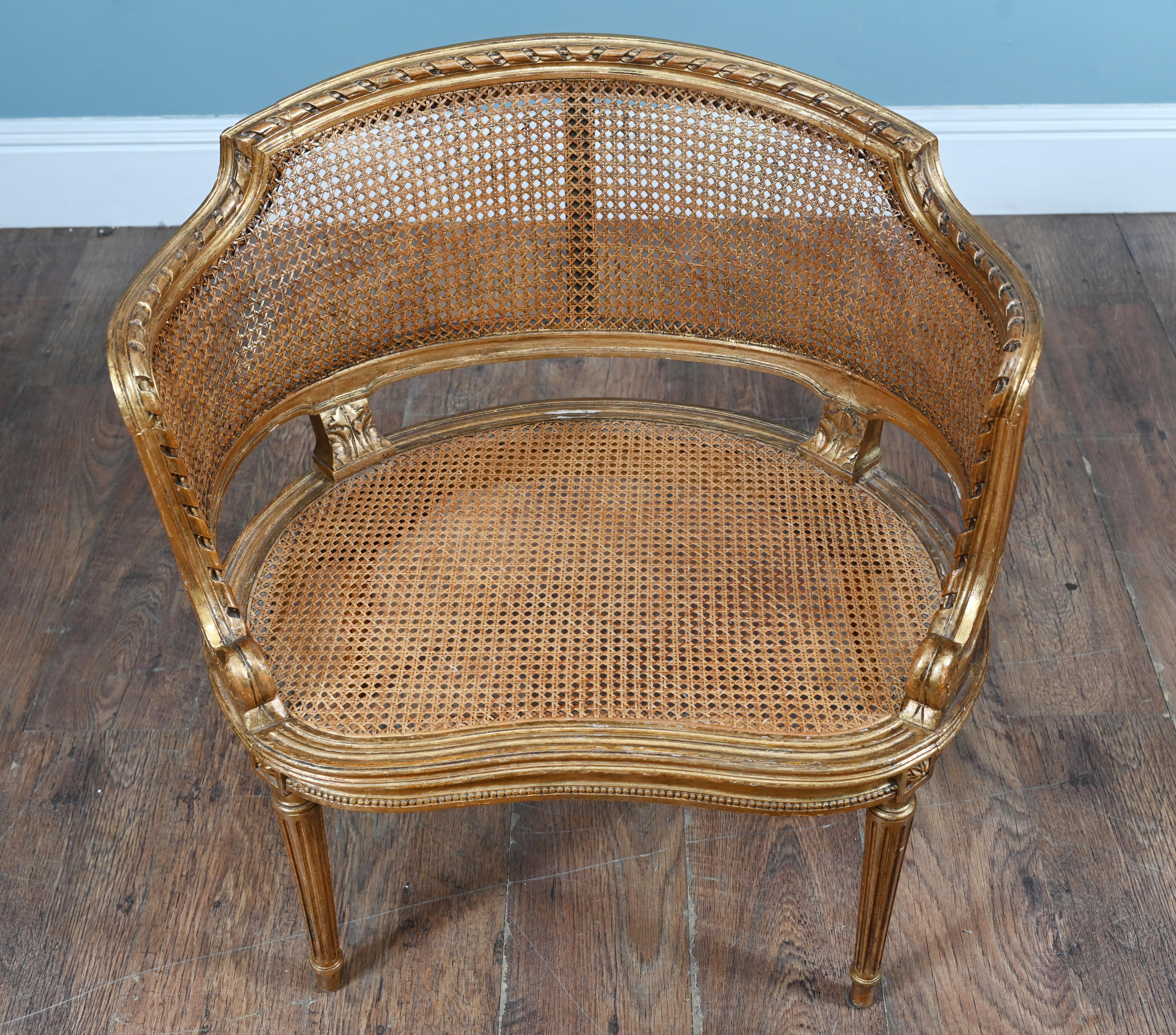 French Caned Bergere Arm Chair Gilt Salon 1880 Louis XVI In Good Condition For Sale In Potters Bar, GB