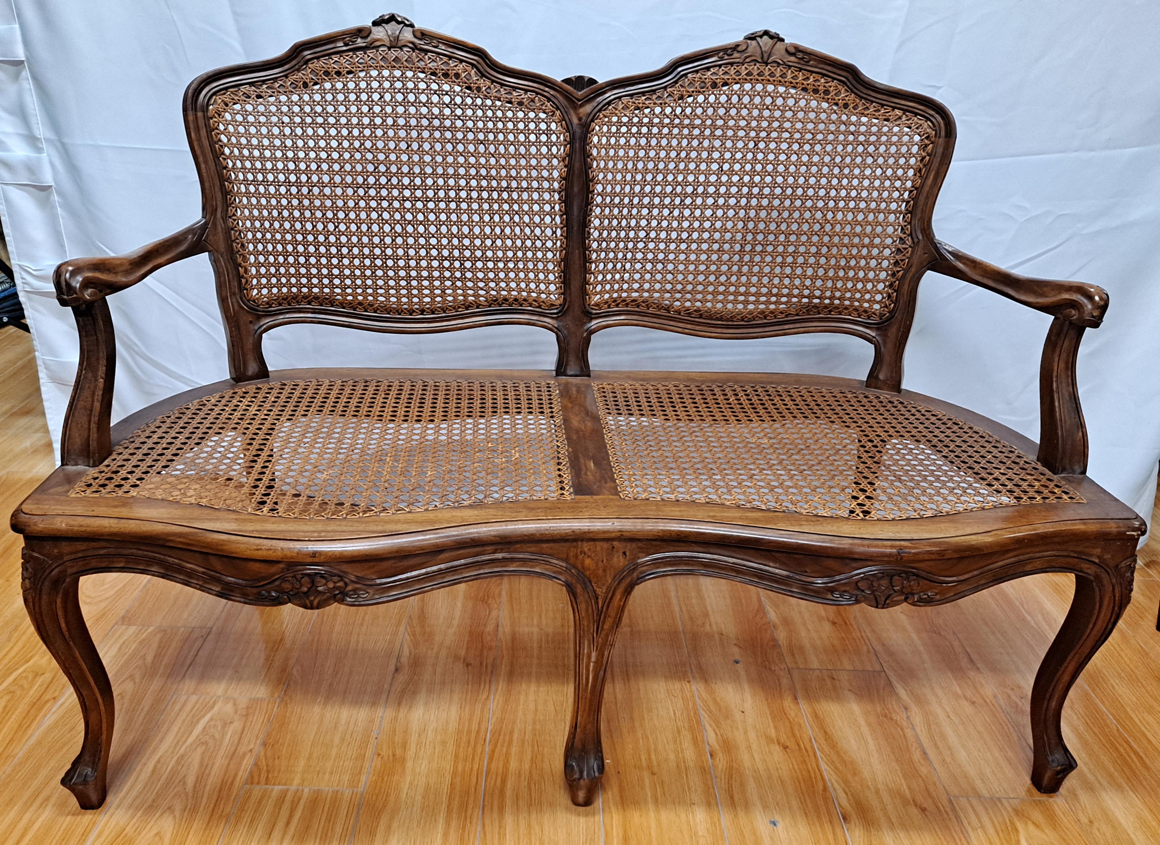 French Caned Carved Walnut Bench For Sale 3