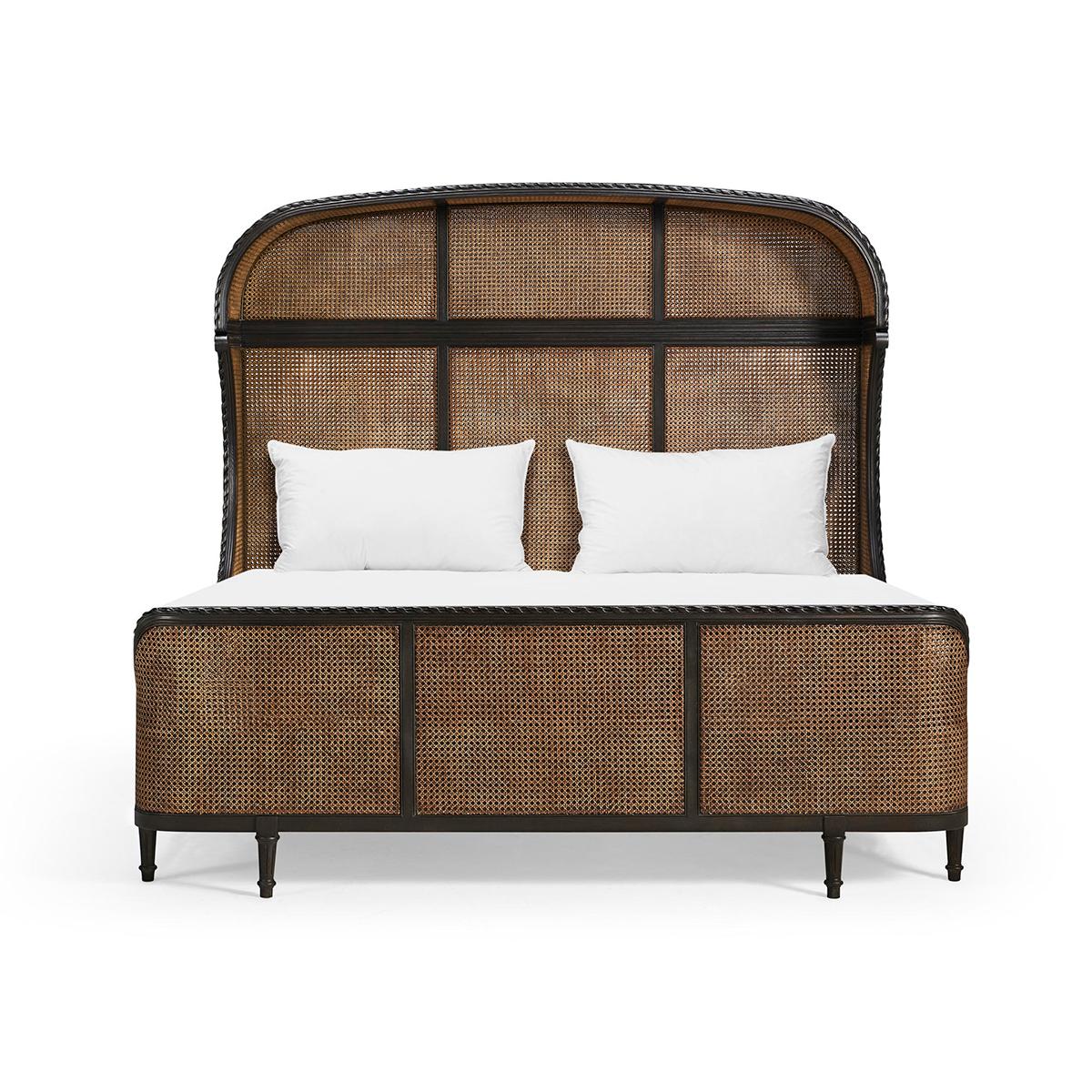 Featuring an ebonized, carved oak frame and an iconic Bonnet-style headboard, this bed radiates sophistication and elegance.

The natural cane is meticulously woven on both sides of the headboard, footboard, and side rails, infusing a touch of