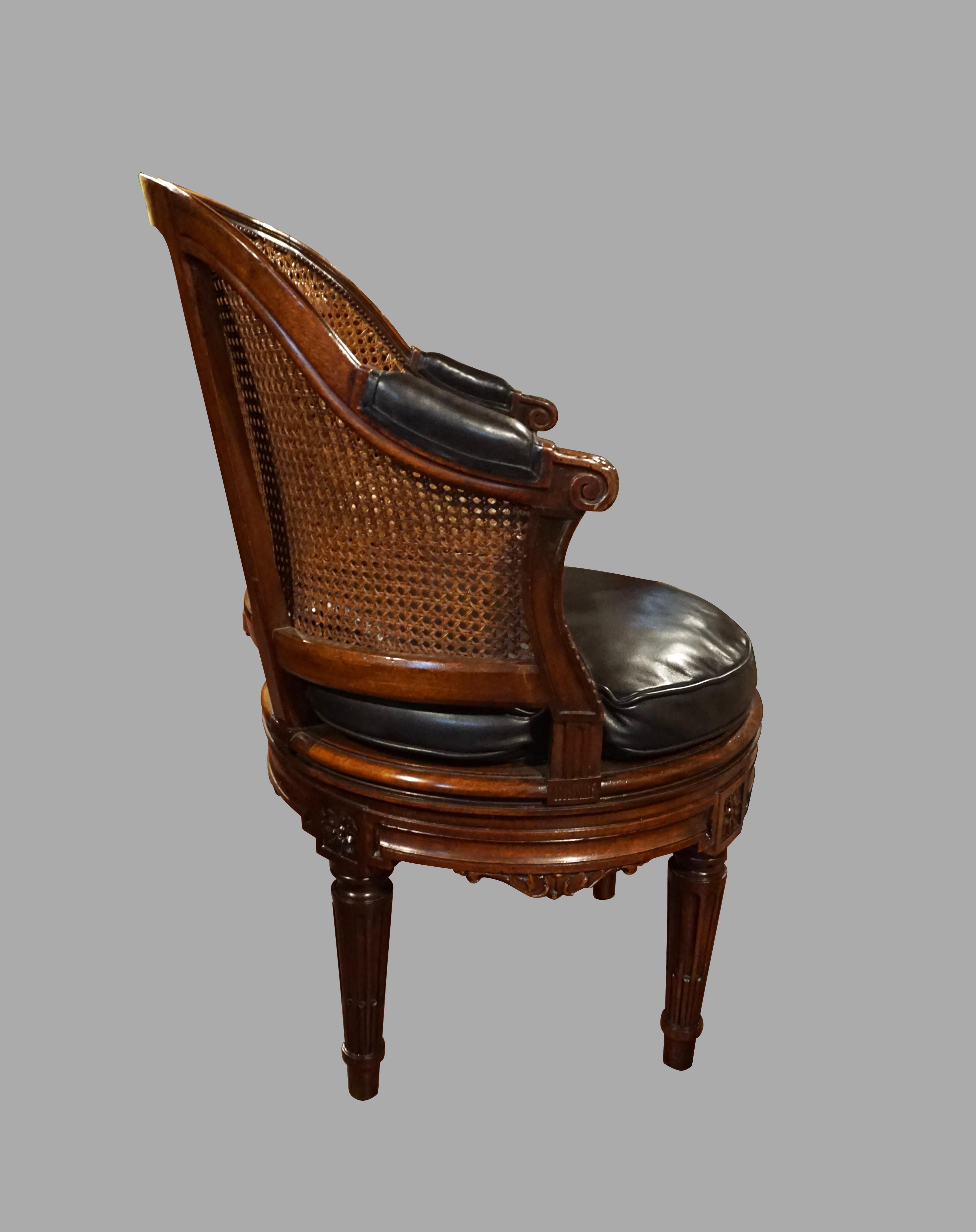 French Caned Louis XVI Style Carved Walnut Swivel Desk Chair with Leather Seat 1