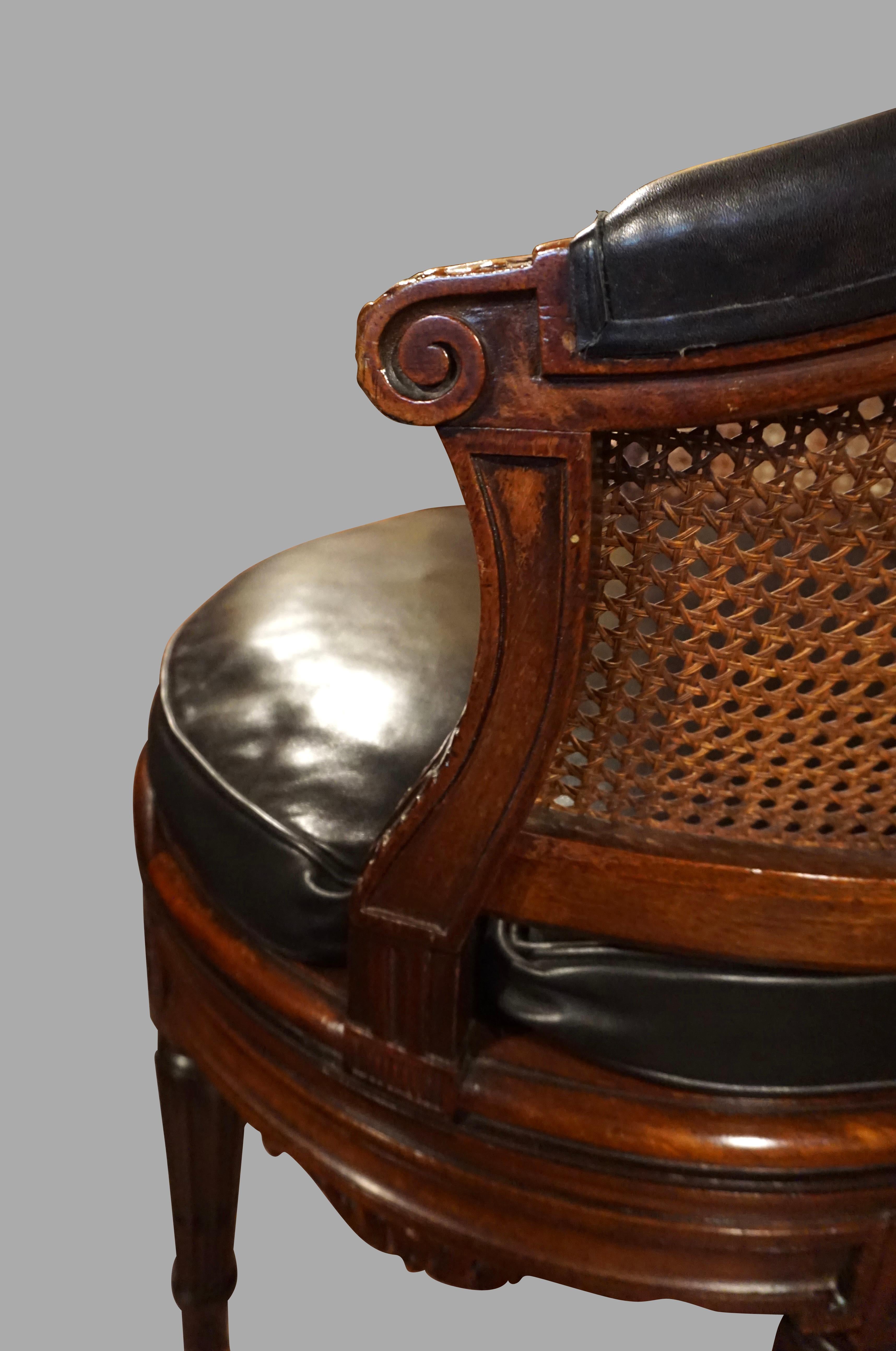 French Caned Louis XVI Style Carved Walnut Swivel Desk Chair with Leather Seat 3