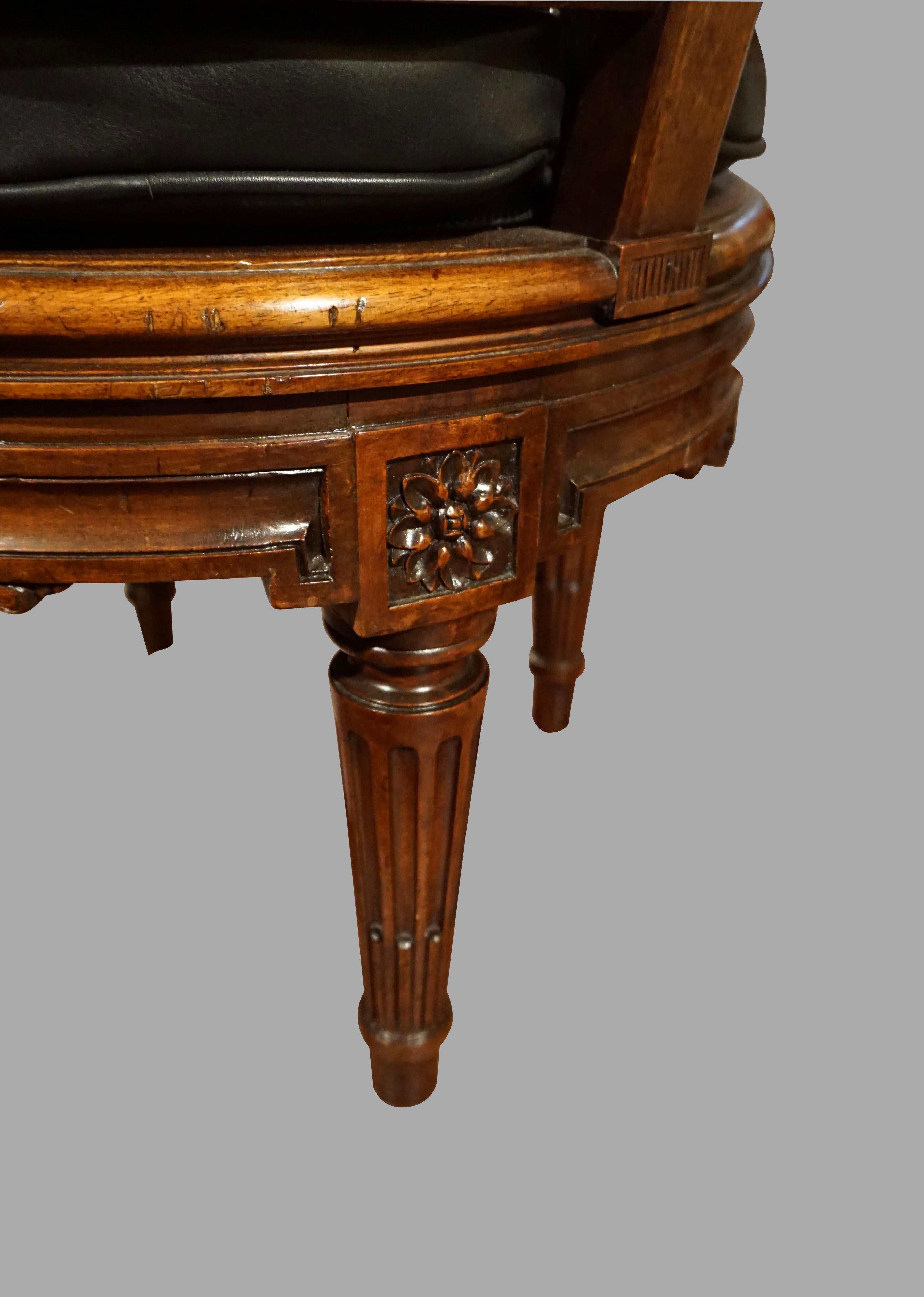French Caned Louis XVI Style Carved Walnut Swivel Desk Chair with Leather Seat 4