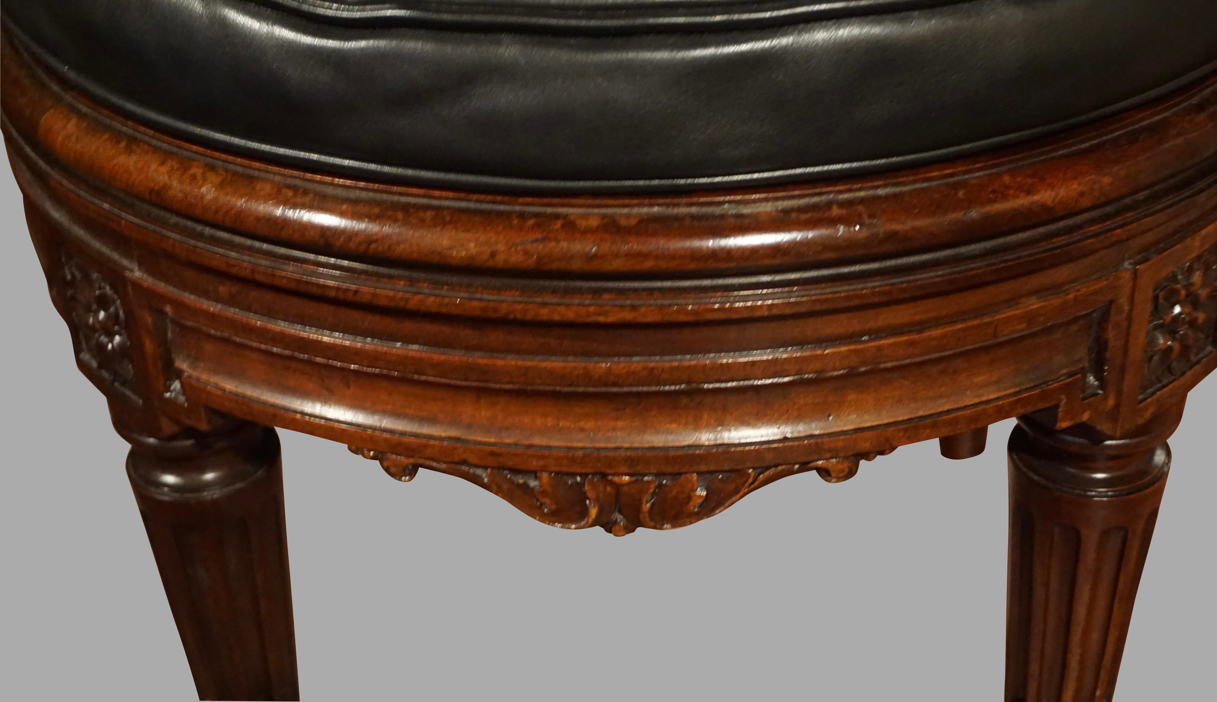 French Caned Louis XVI Style Carved Walnut Swivel Desk Chair with Leather Seat 5