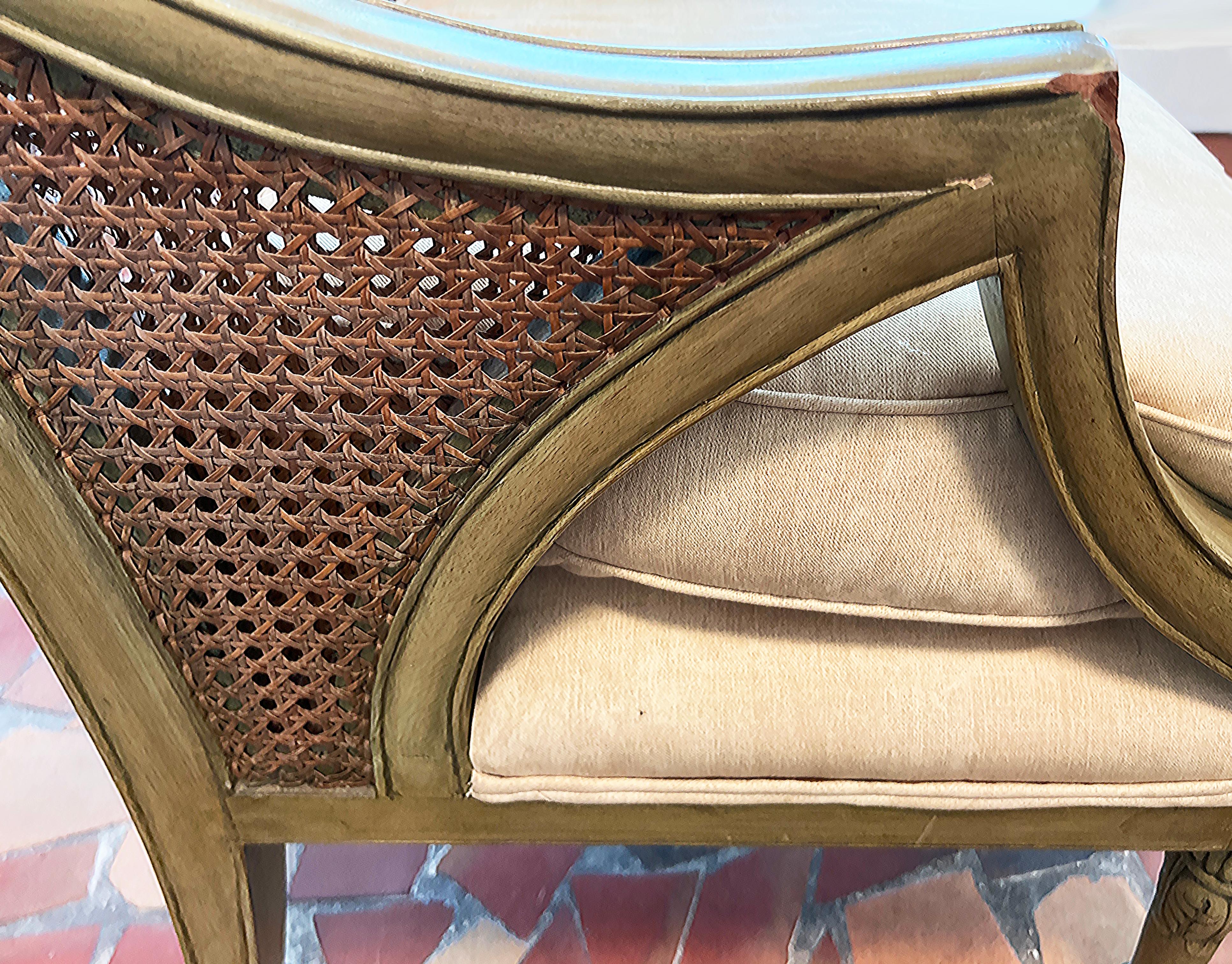 French Caned Painted Bergere Chairs Louis XVI Style, Loose Seat Cushions Pair For Sale 4