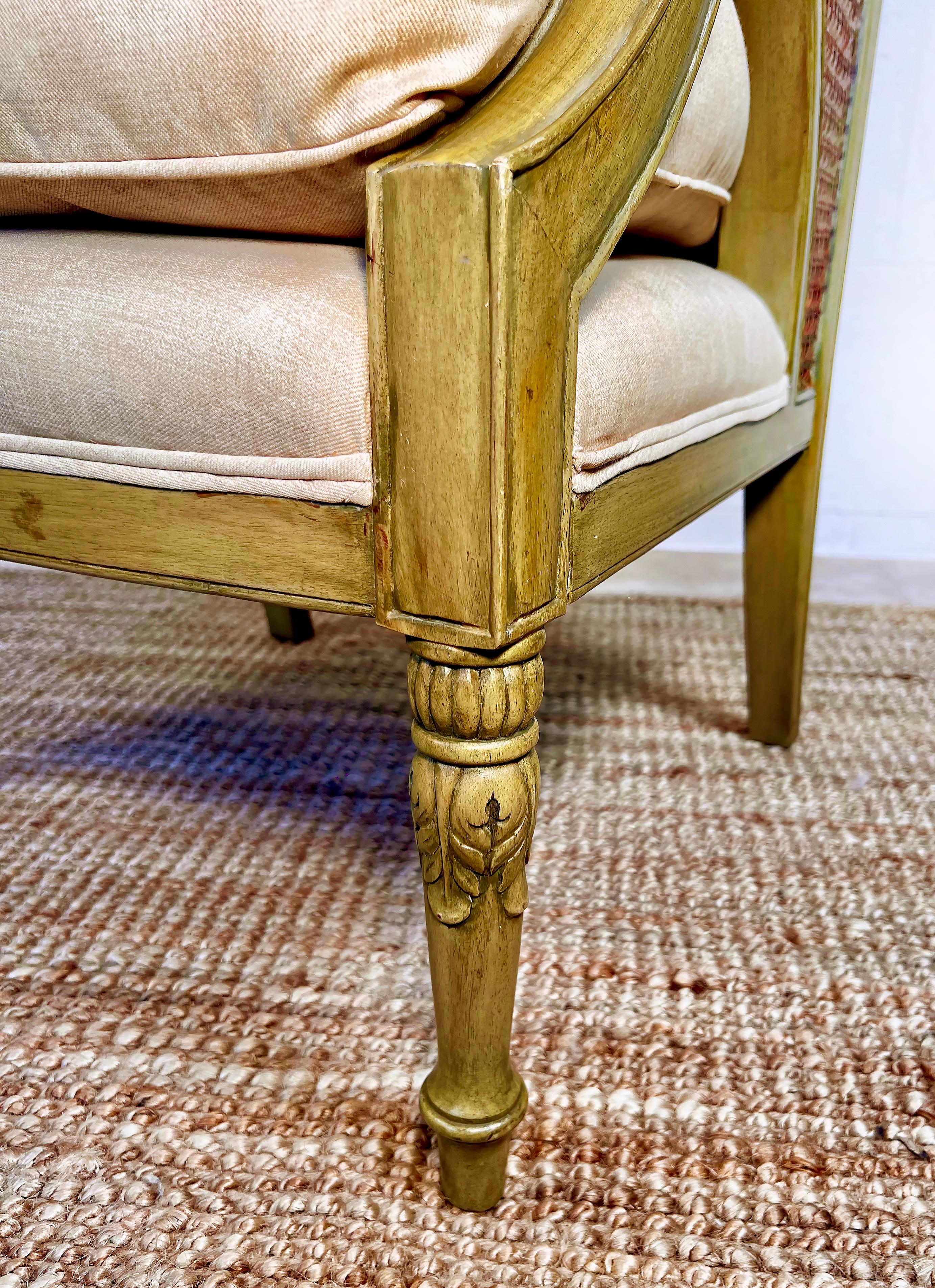 Fabric French Caned Painted Bergere Chairs Louis XVI Style, Loose Seat Cushions Pair For Sale