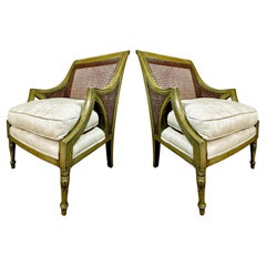 French Caned, Painted Bergere Chairs, Louis XVI Style, Loose Seat Cushions, Pair