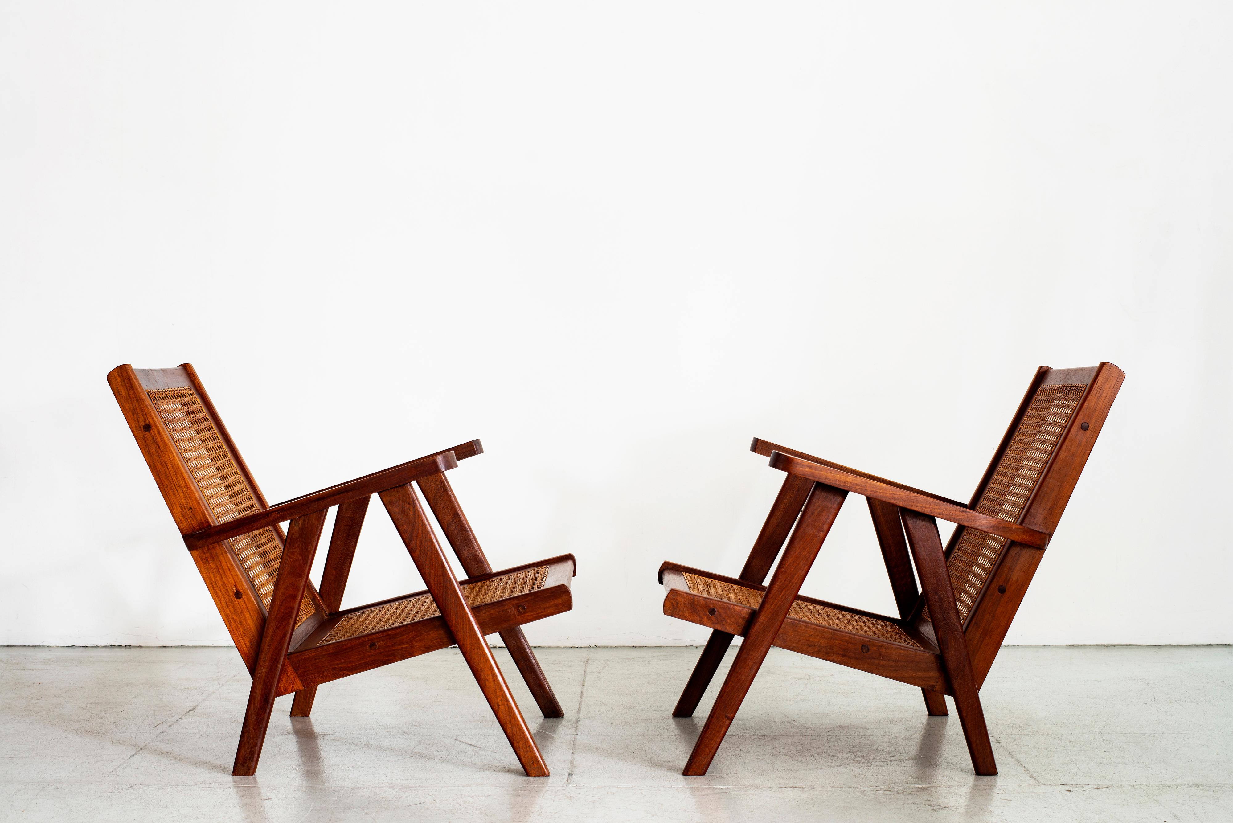 French Caned and Teak Armchairs In Good Condition In Beverly Hills, CA