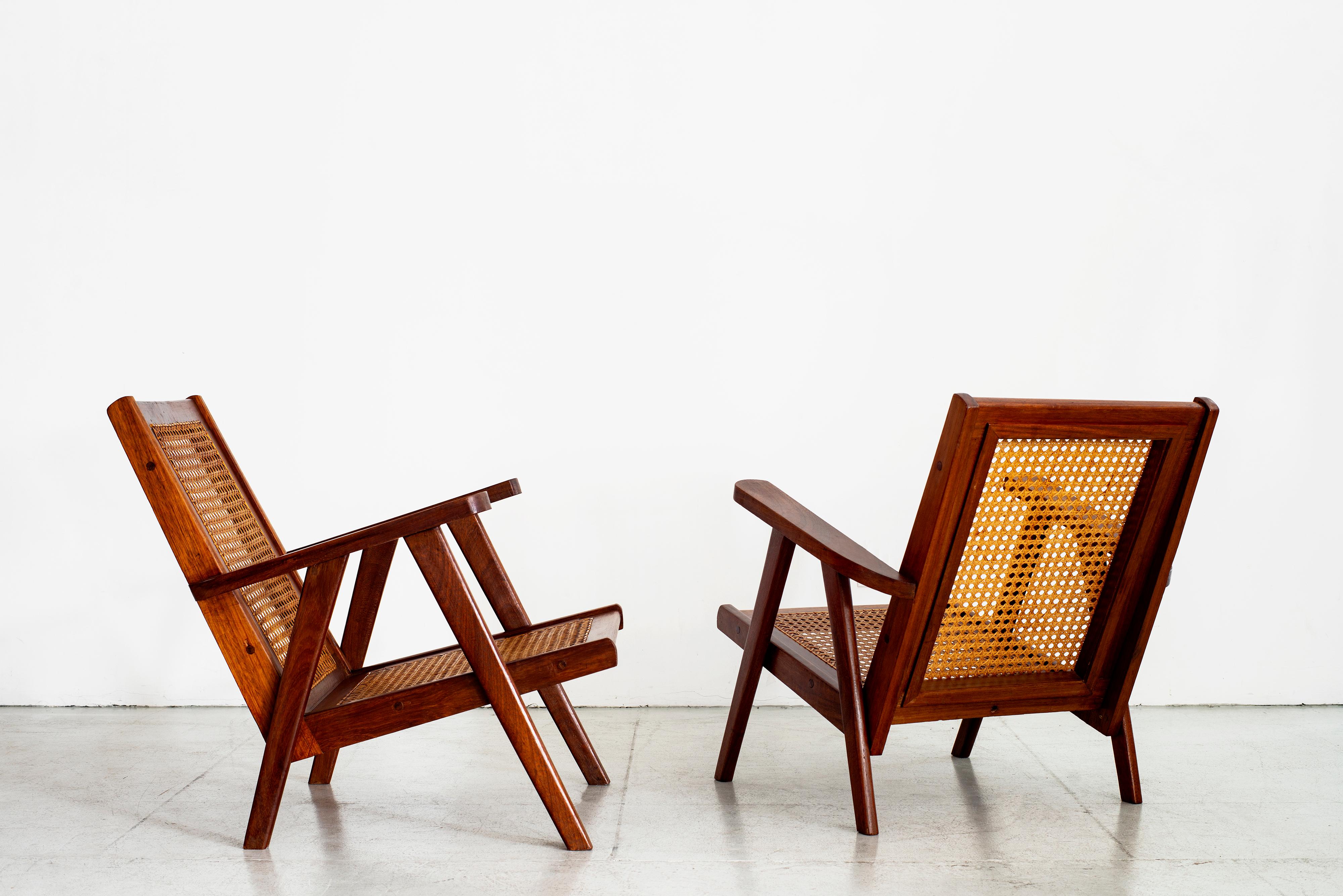 Mid-20th Century French Caned and Teak Armchairs