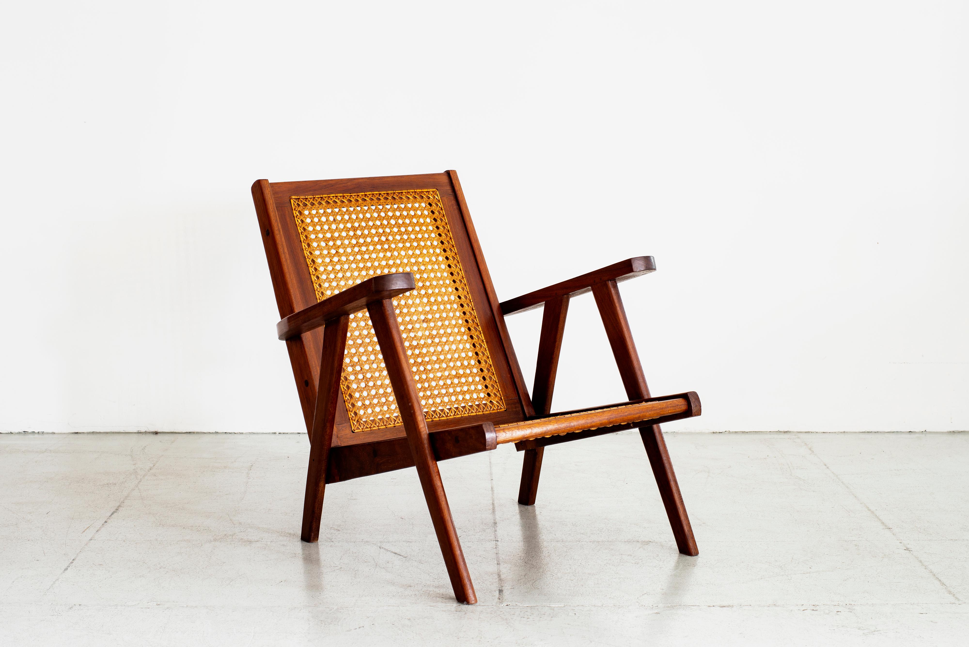 French Caned and Teak Armchairs 1