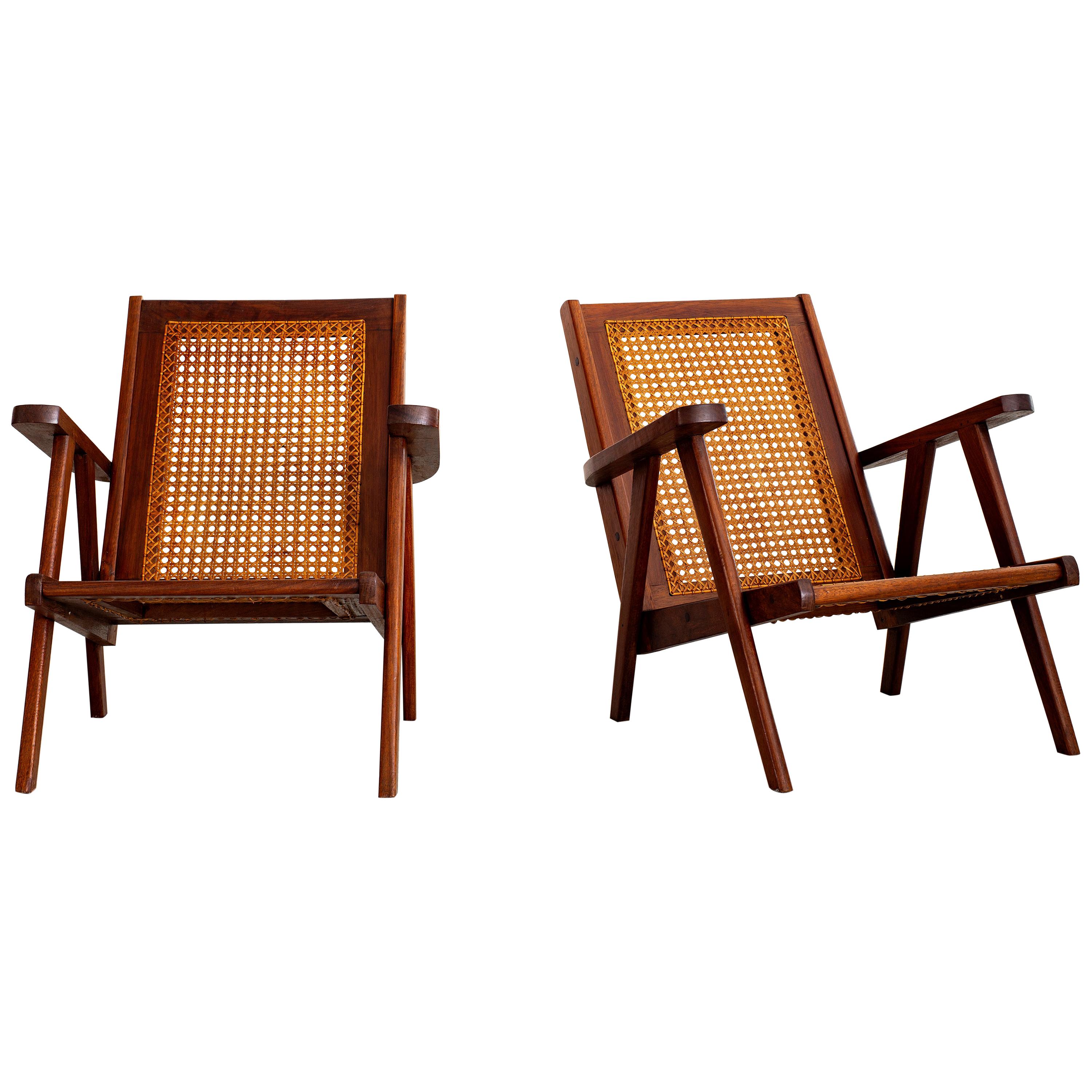 French Caned and Teak Armchairs