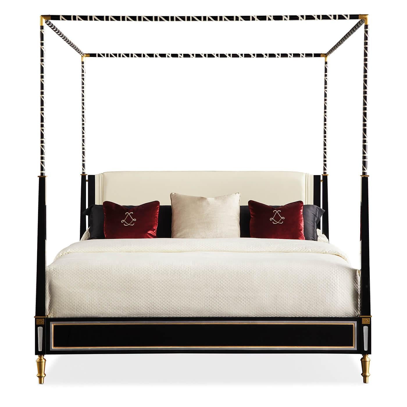 A French canopy bed. This regal bed's design is inspired by Haute couture. It has a black lacquer canopy and posts which have been carved to give the crème leather that gracefully wraps its frame an embossed effect. The headboard is covered in