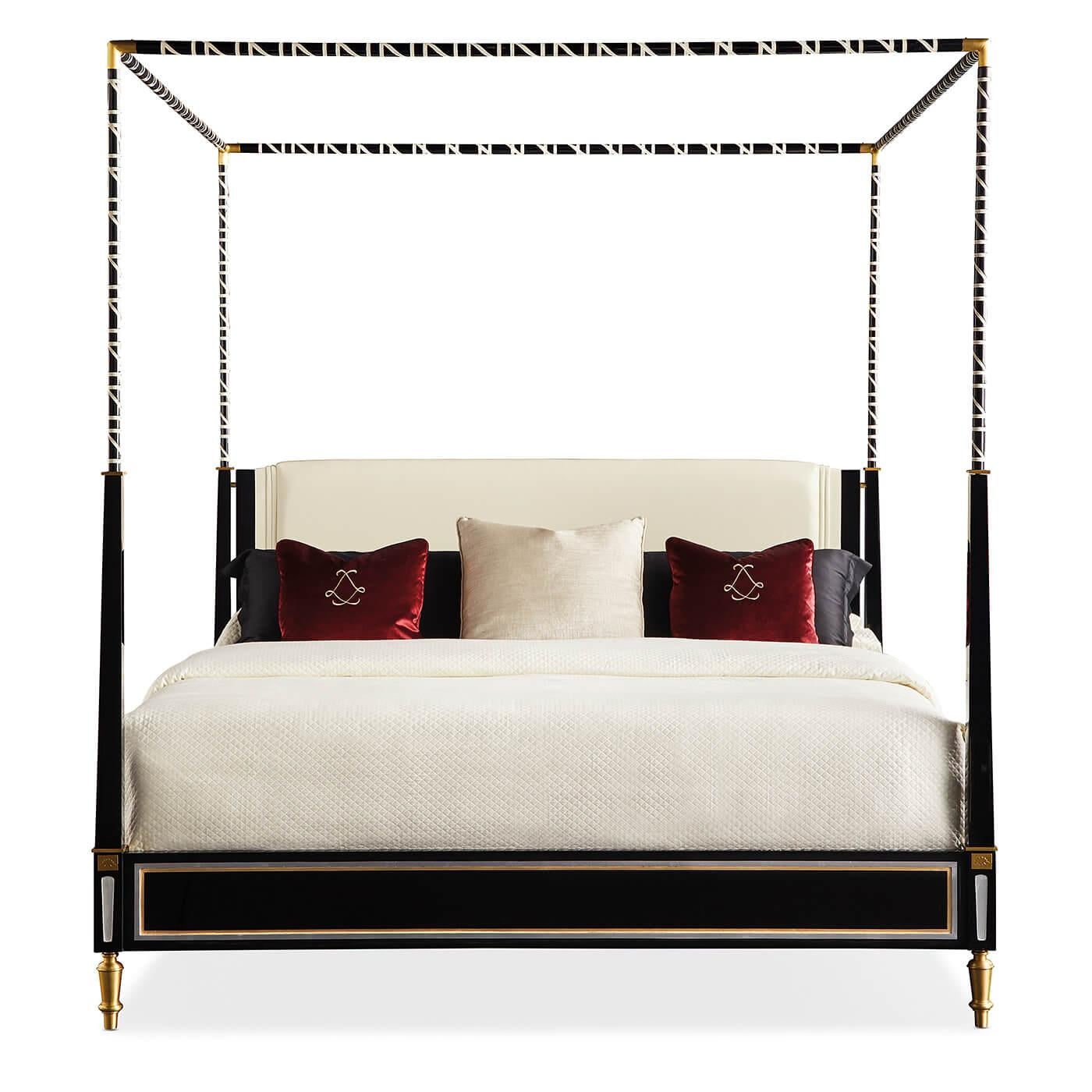 A French canopy bed. This regal bed's design is inspired by Haute couture. It has a black lacquer canopy and posts which have been carved to give the crème leather that gracefully wraps its frame an embossed effect. The headboard is covered in