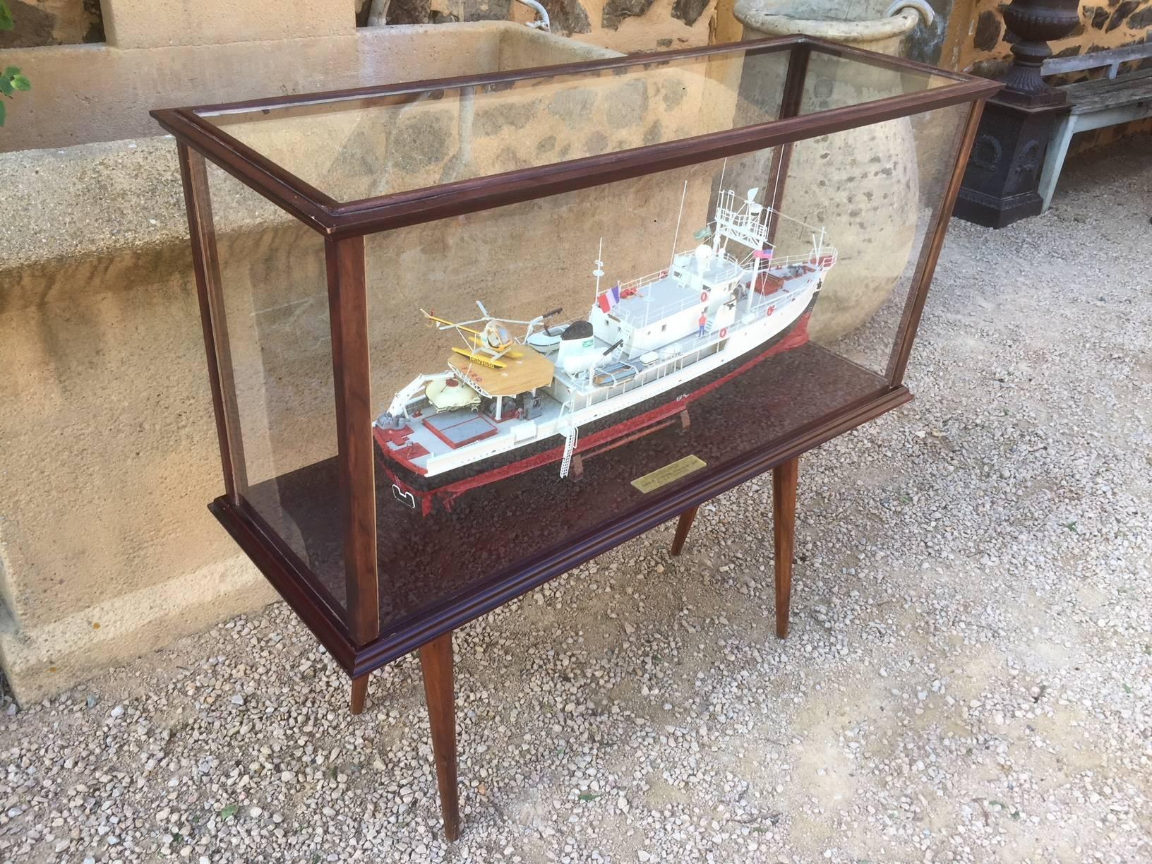 Mid-20th Century French Captain Cousteau Ocean Research Ship Model under Plexiglass, 1950s