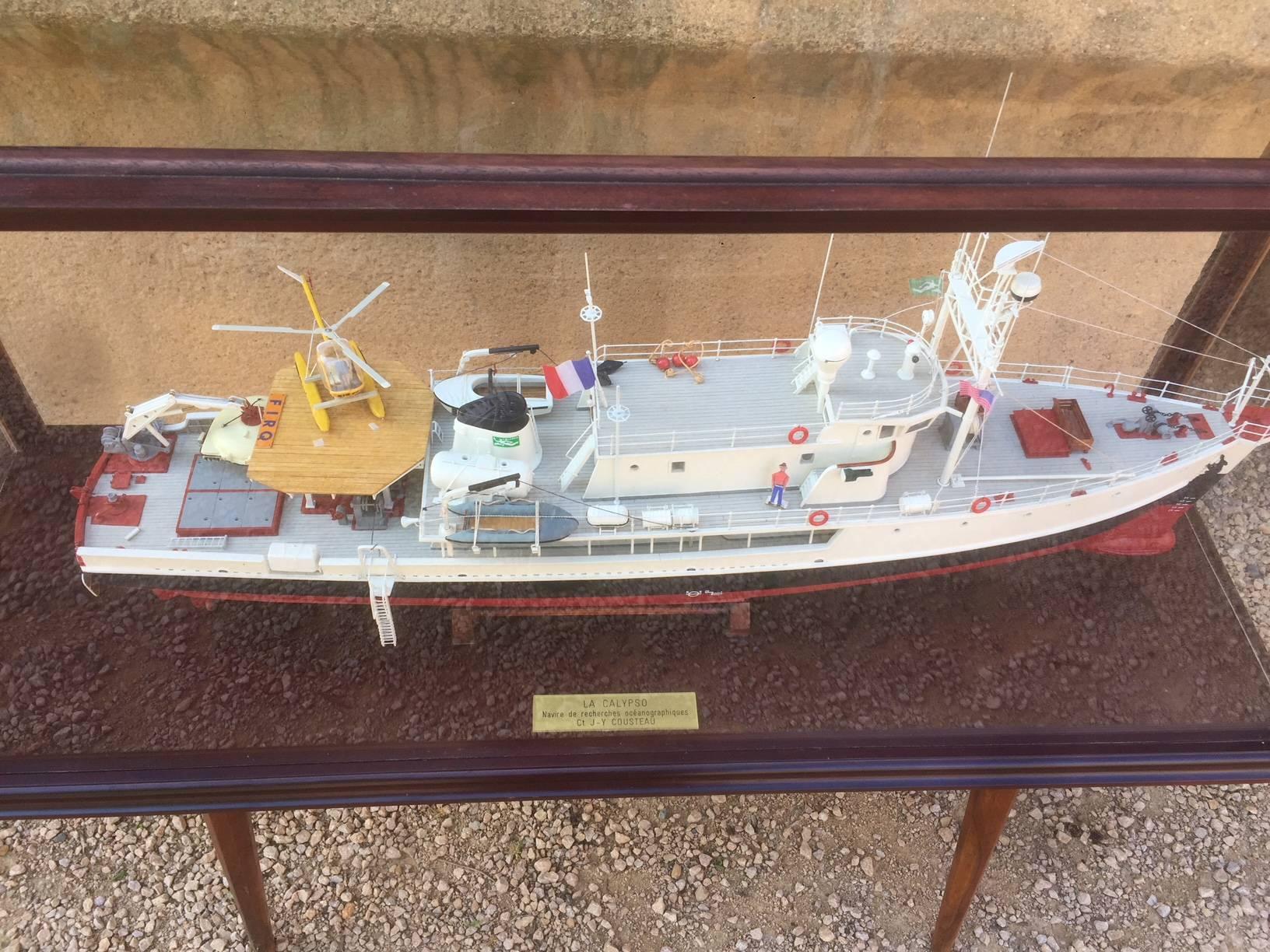 French Captain Cousteau Ocean Research Ship Model under Plexiglass, 1950s 1