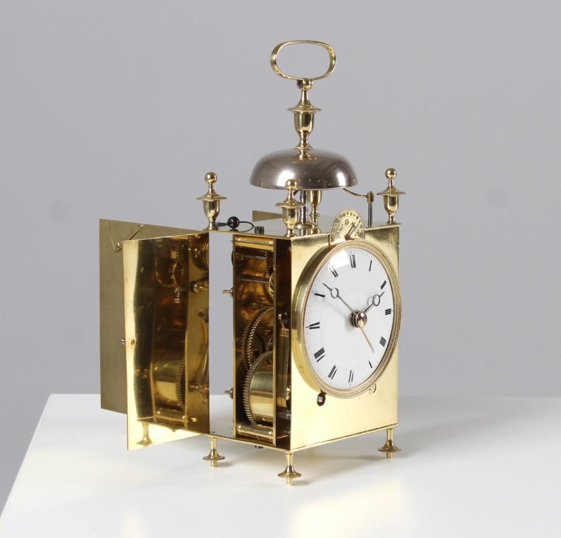 Brass French Capucine Carriage Clock, Pendule de Voyage with Alarm, Circa 1800 For Sale