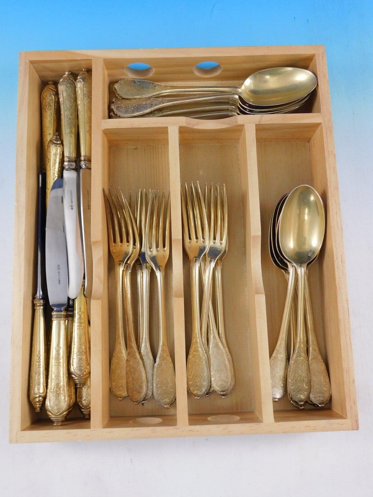 French Cardeilhac 950 Silver Vermeil Flatware Set Service Dessert 36 pieces For Sale 3