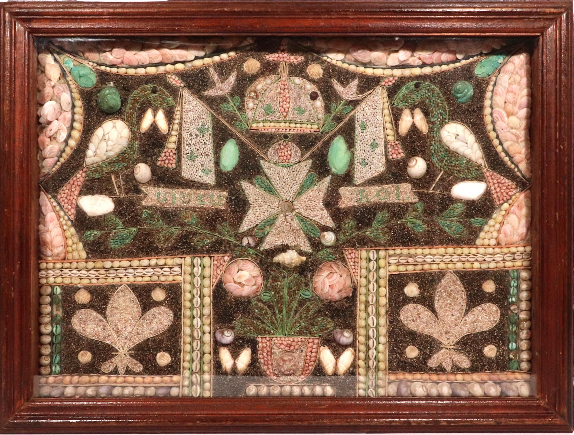 French Caribbean Shellwork Pictures with Birds, Flowers and Maltese Cross,
French Caribbean,
Mid-19th Century

The rectangular shellwork picture is within a deep wood frame and is glazed.  The complex design depicts a central religious crown