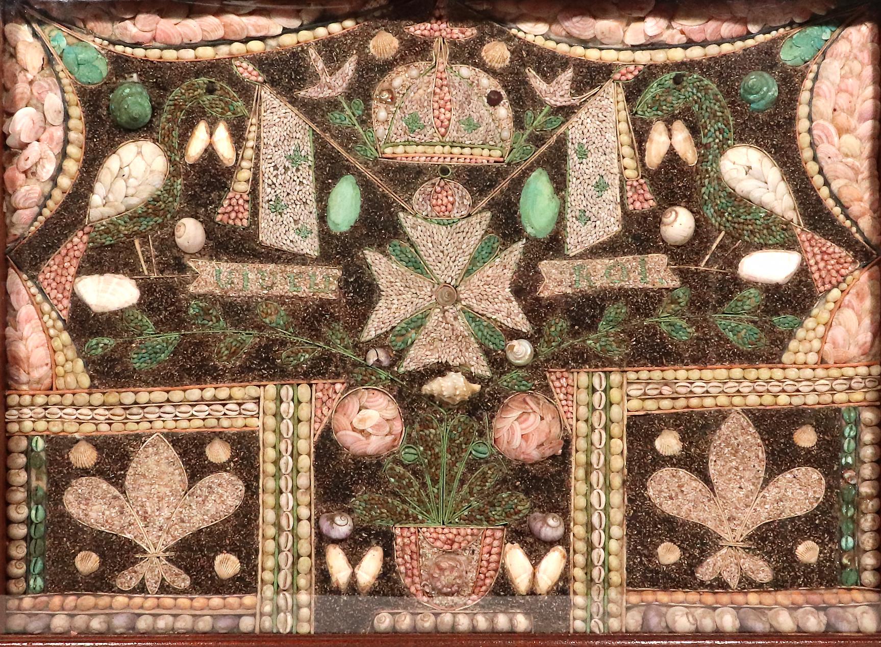 Folk Art French Caribbean Shell Pictures with Birds, Flowers and Maltese Cross