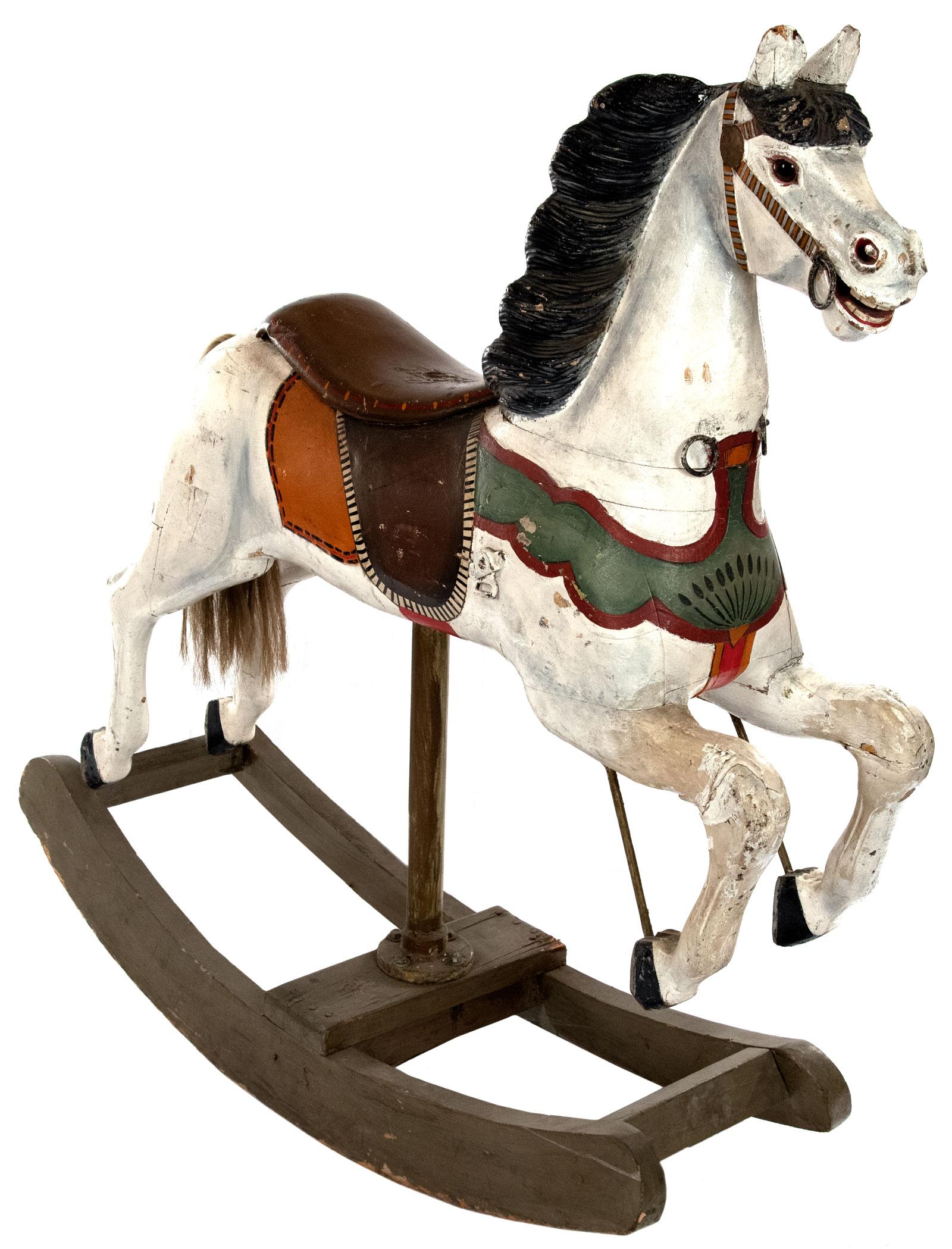 Originally part of a Parisian carousel in the 1880s, this carved wood and polychromed horse was saved when the amusement ride was torn down in the 1920s and repurposed as a rocking horse.