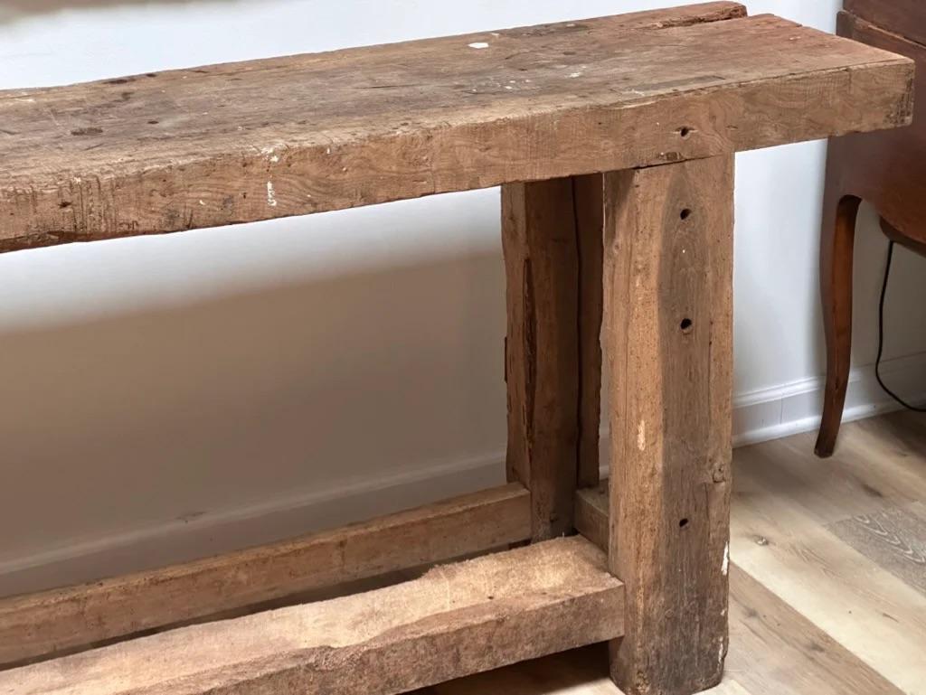 French carpenter’s workbench/console. Lovely rustic look can be used behind a sofa or as a console table. 19th Century.

