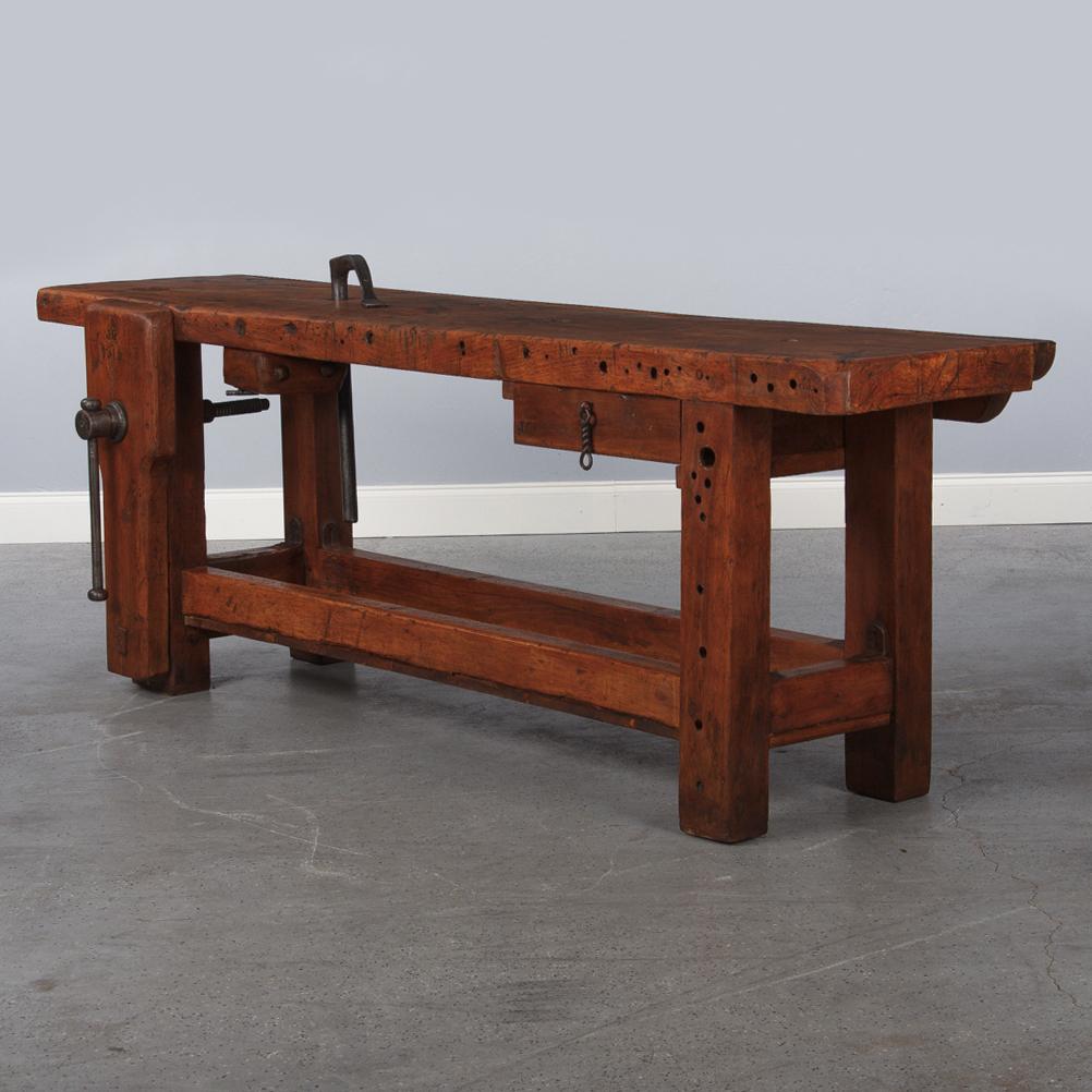 Iron French Carpenter's Workbench in Beechwood, Dated 1919