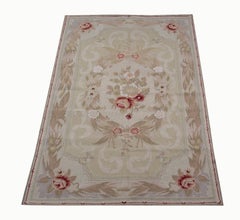 Beige French Carpet Aubusson Rug Handwoven Floral Tapestry