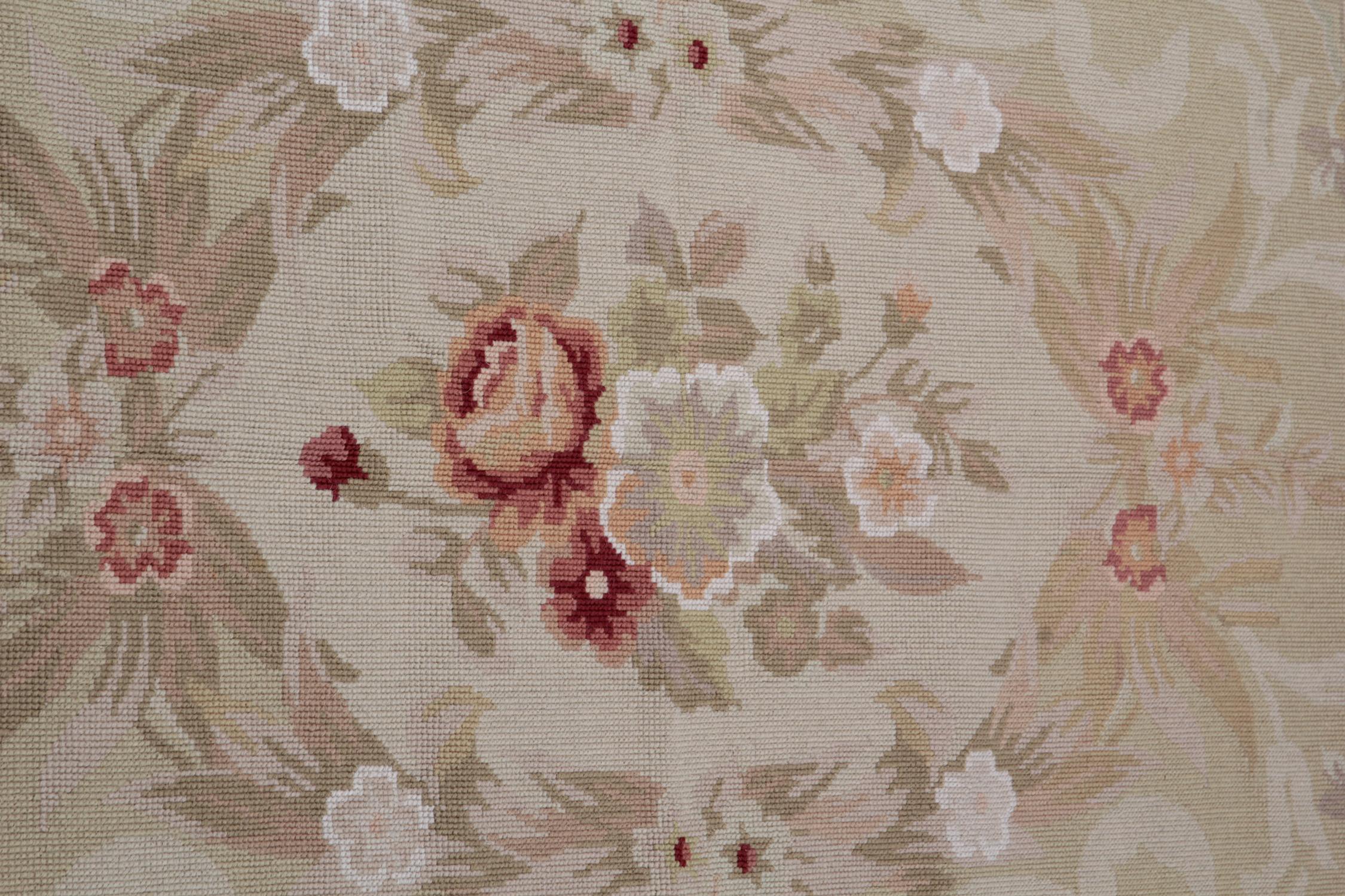 Hand-Woven Beige French Carpet Aubusson Rug Handwoven Floral Tapestry