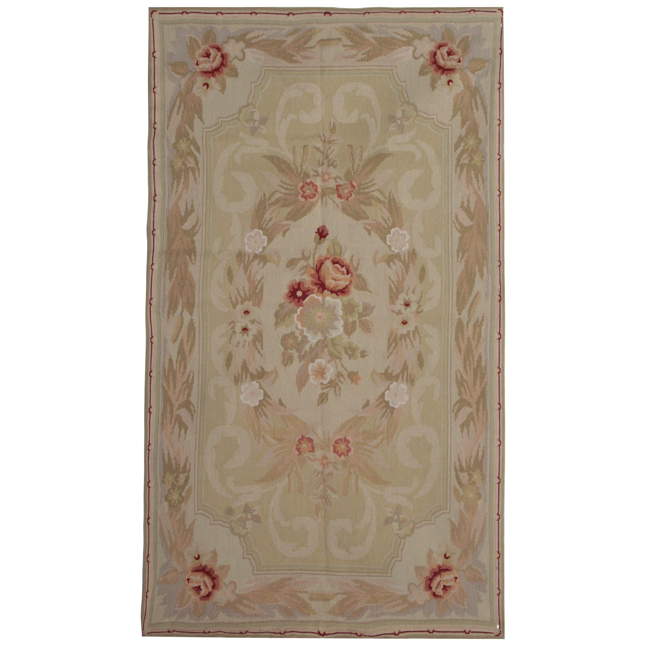 Beige French Carpet Aubusson Rug Handwoven Floral Tapestry