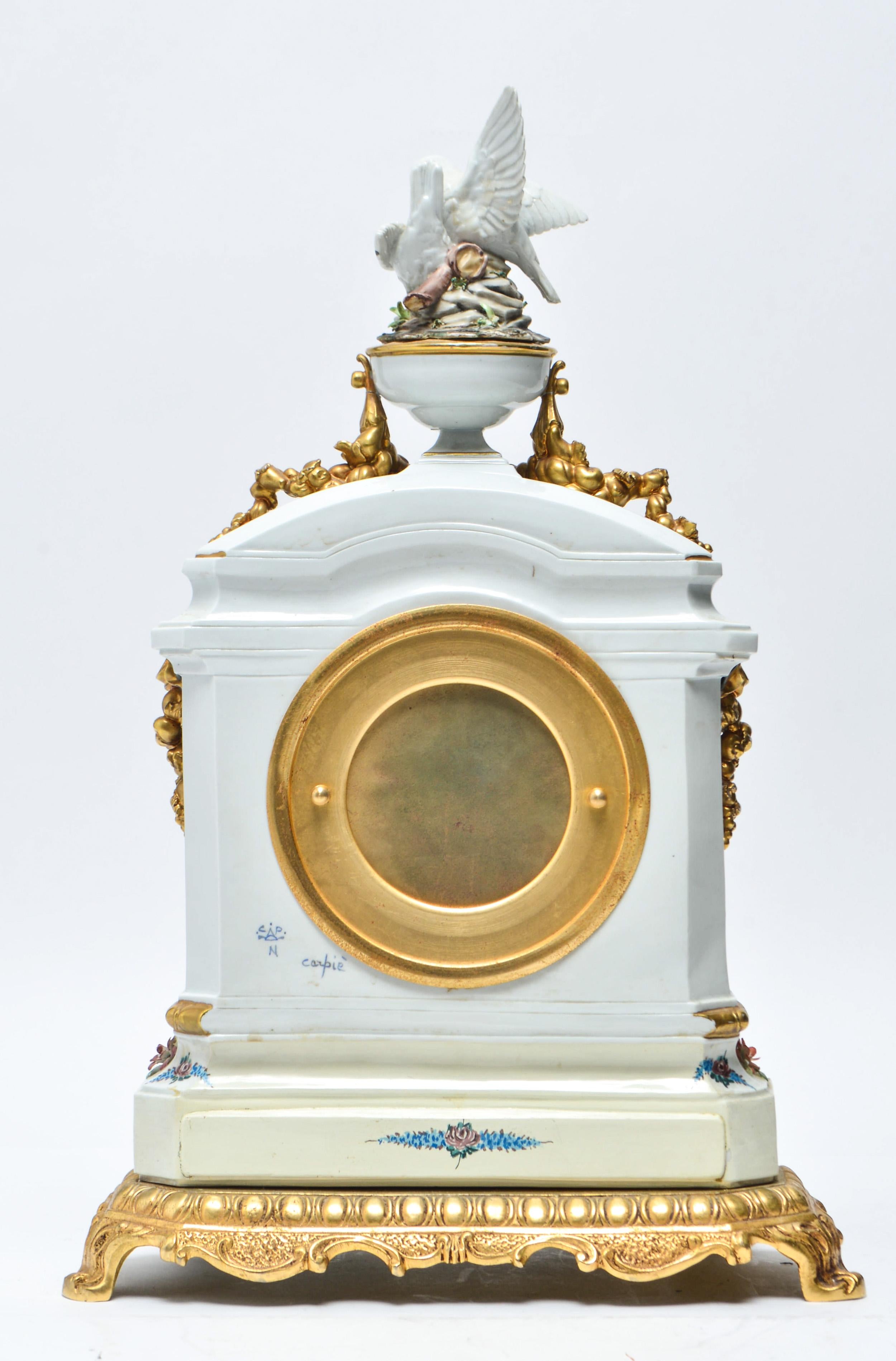 Hand-Painted French Carpie Hand Painted Porcelain Mantel Clock
