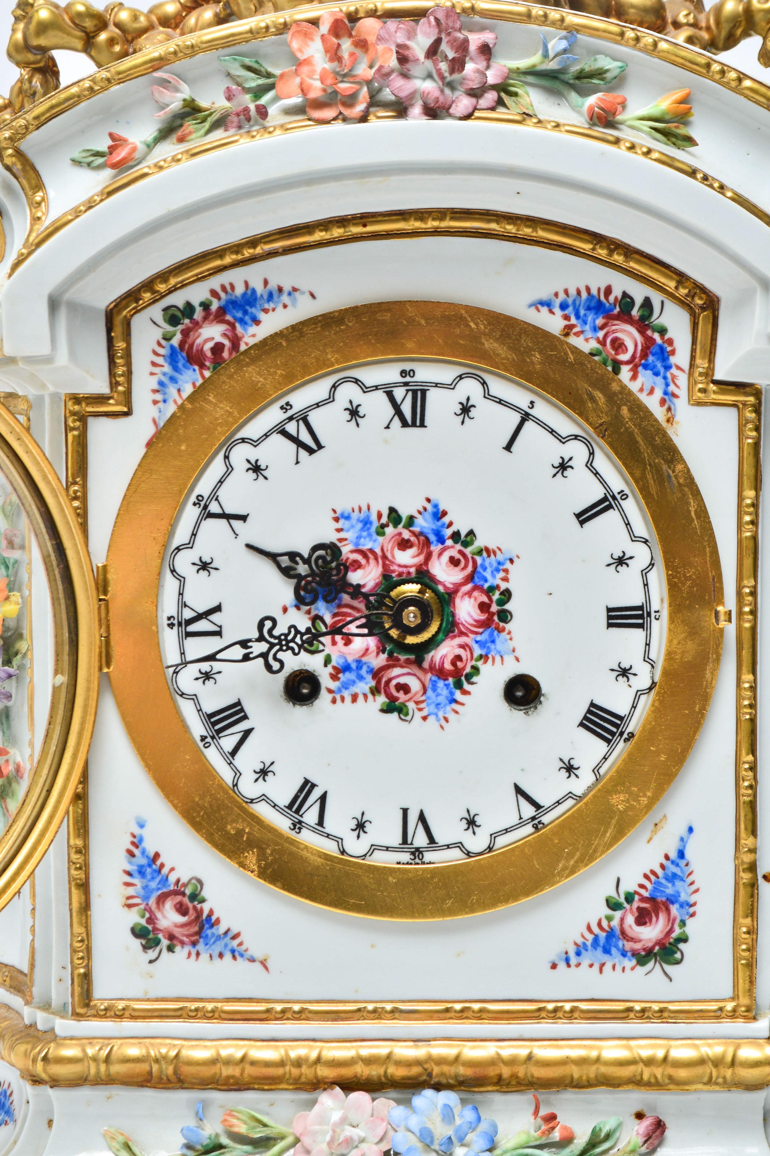 20th Century French Carpie Hand Painted Porcelain Mantel Clock