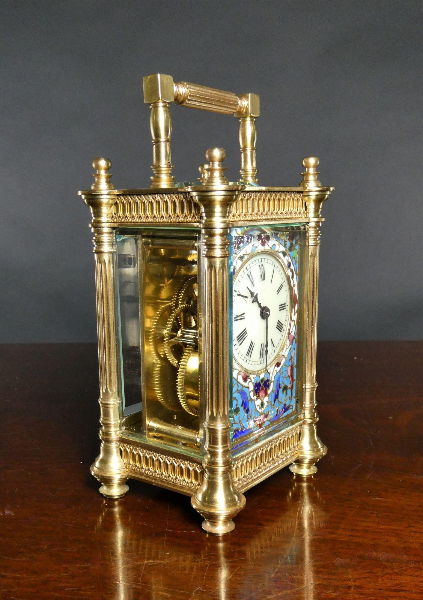 French Carraige Clock with Champleve Decoration In Good Condition For Sale In Norwich, GB