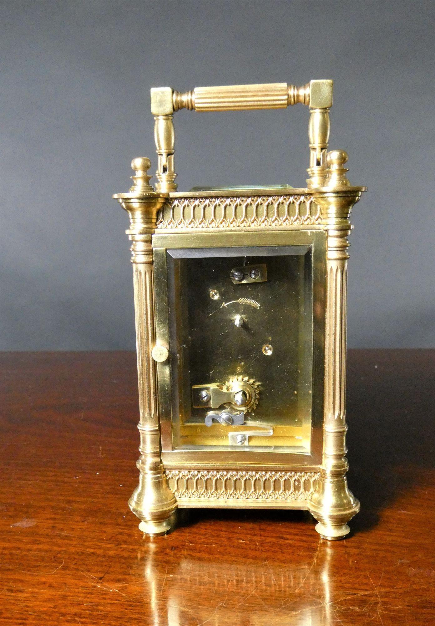 Brass French Carraige Clock with Champleve Decoration For Sale