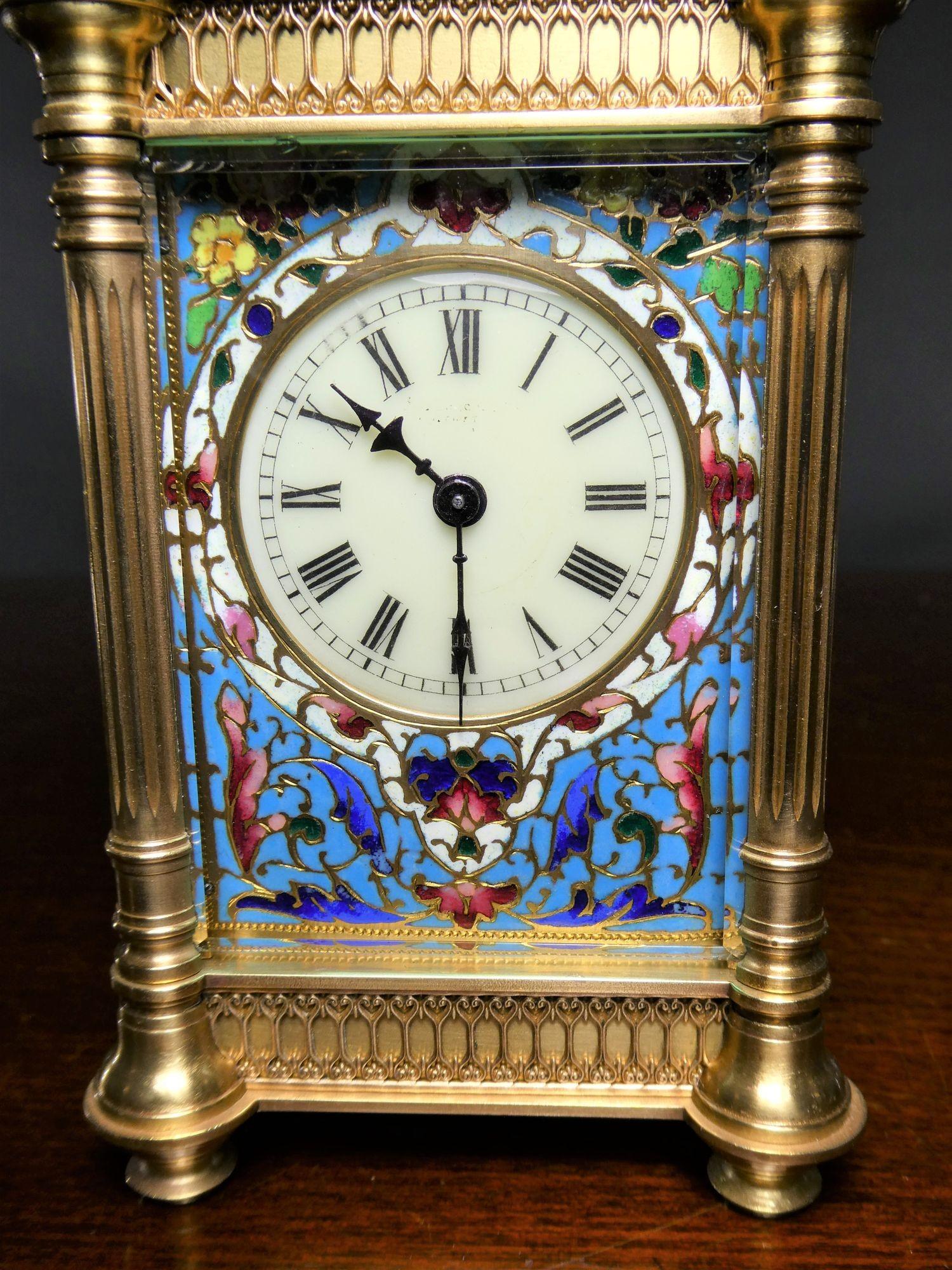 French Carraige Clock with Champleve Decoration For Sale 1