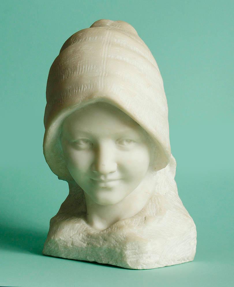 Romantic French Carrara Marble Buste of a Young Girl with a Hat