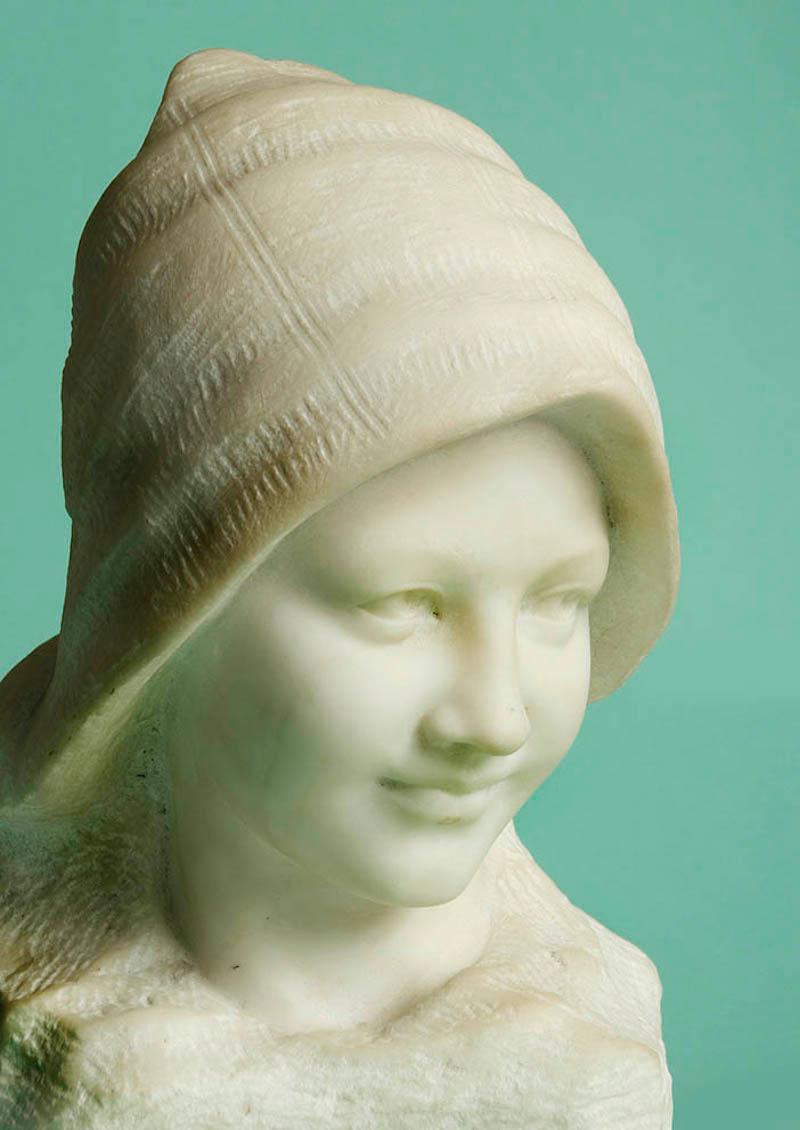 Carved French Carrara Marble Buste of a Young Girl with a Hat