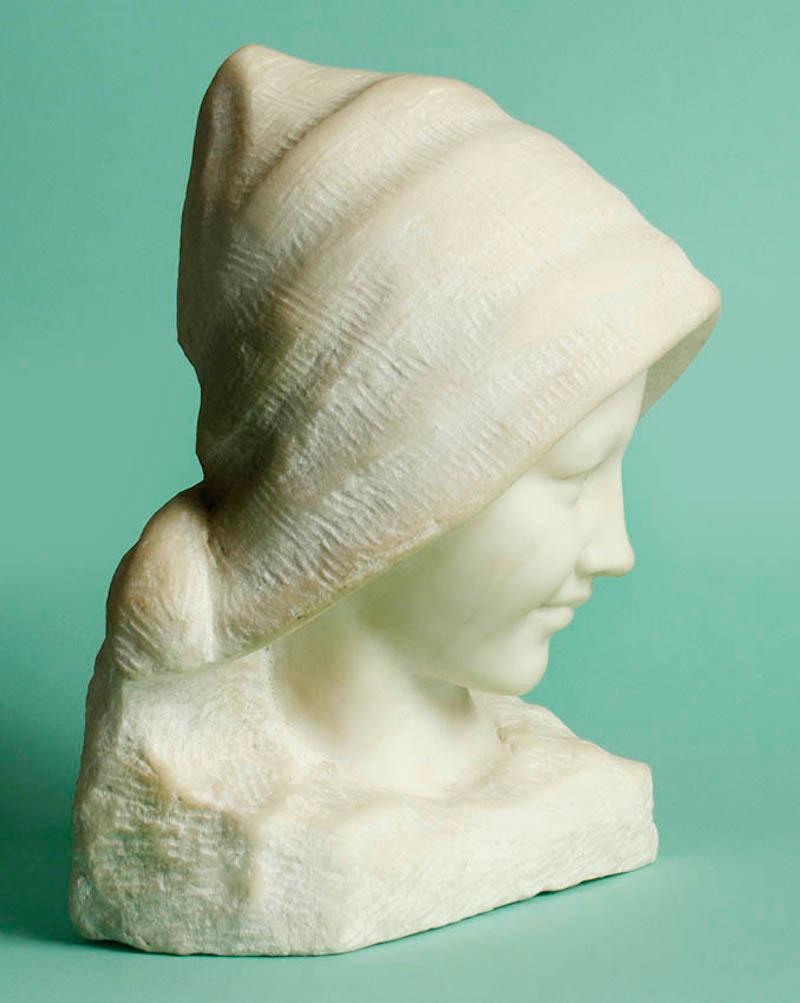 French Carrara Marble Buste of a Young Girl with a Hat 2