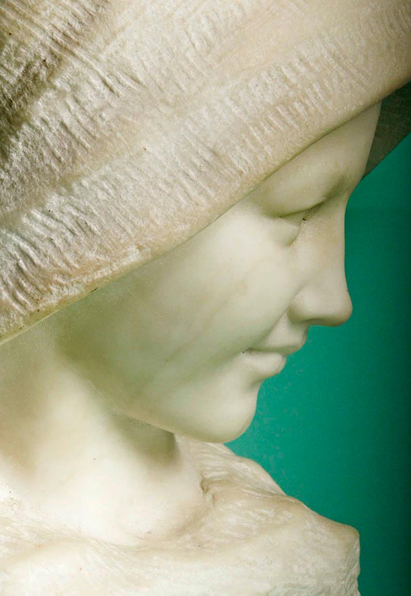 French Carrara Marble Buste of a Young Girl with a Hat 3