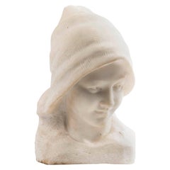 French Carrara Marble Buste of a Young Girl with a Hat