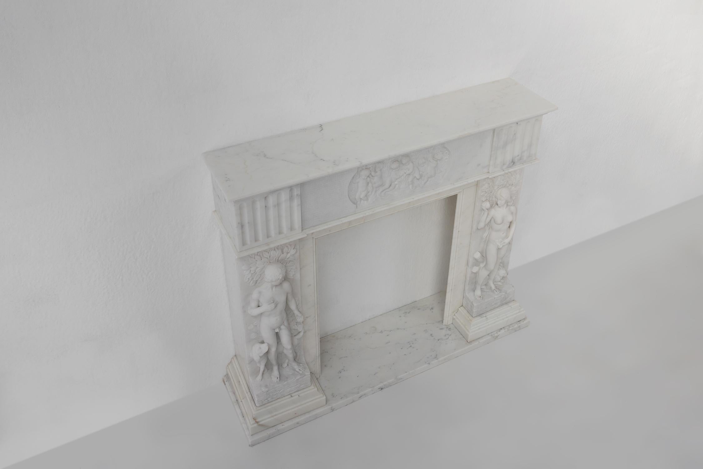 French Carrara marble fire place with Adam and Eve decoration For Sale 6