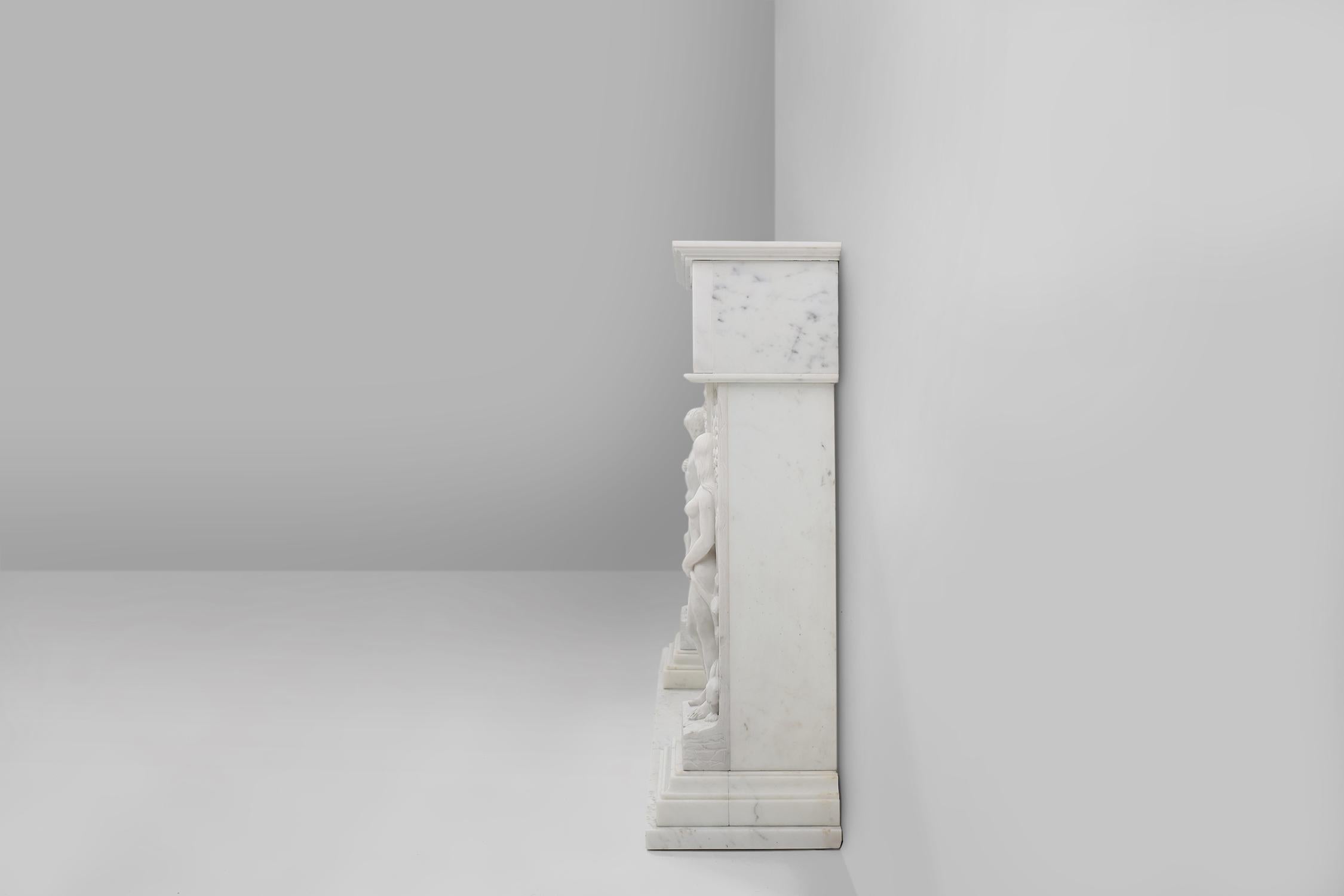 French Carrara marble fire place with Adam and Eve decoration For Sale 7