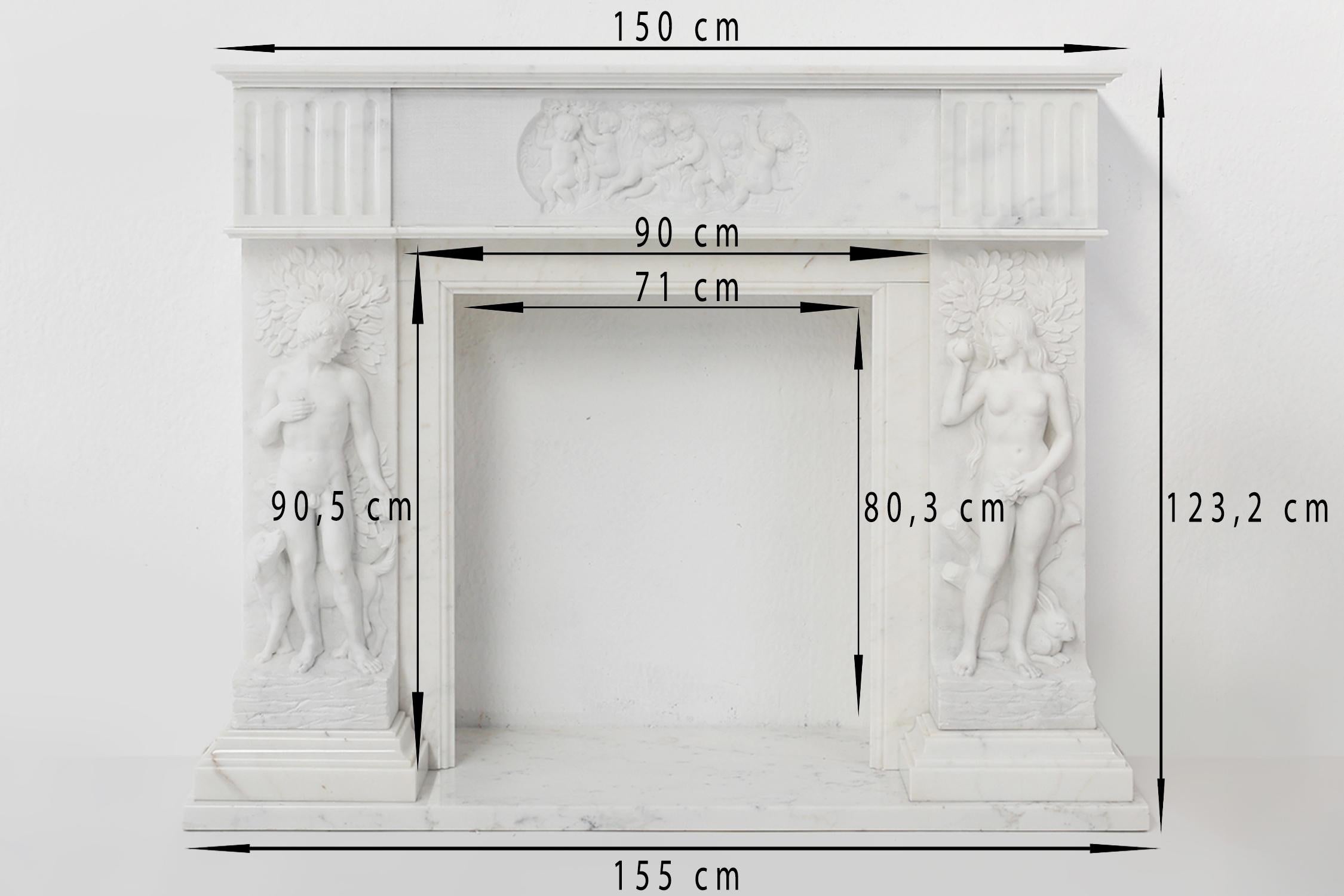 French Carrara marble fire place with Adam and Eve decoration For Sale 9