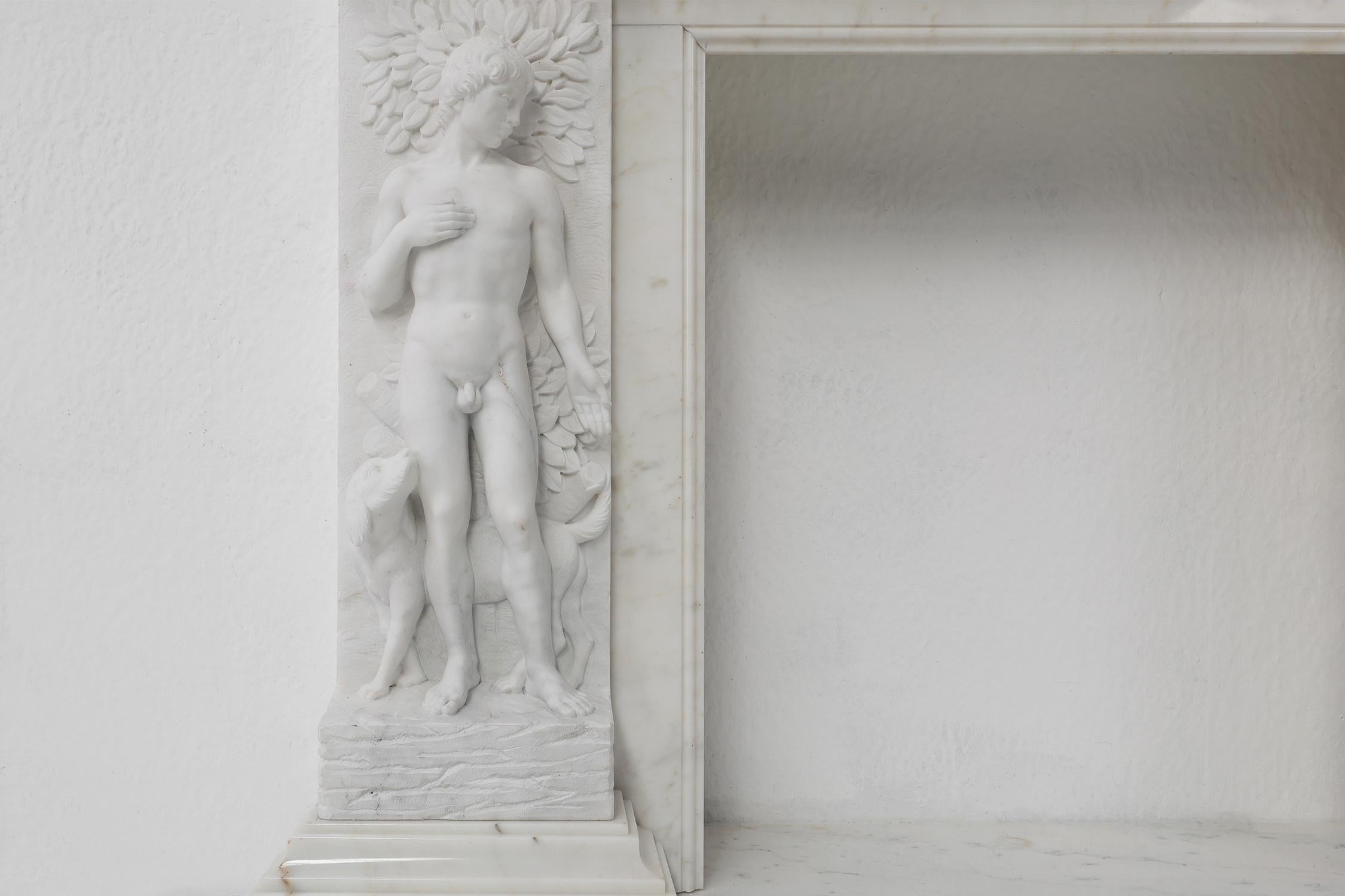 Baroque French Carrara marble fire place with Adam and Eve decoration For Sale