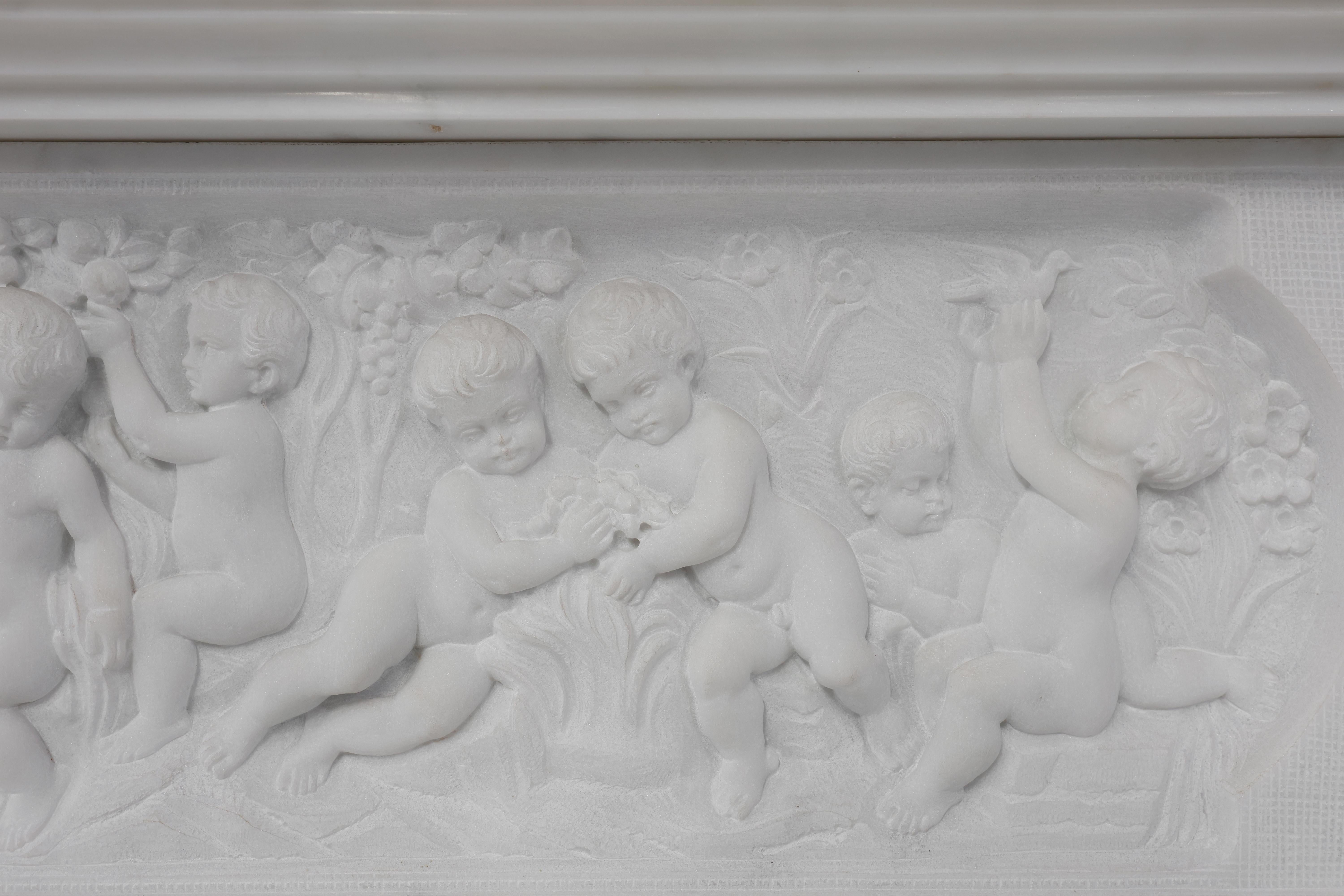 French Carrara marble fire place with Adam and Eve decoration For Sale 1