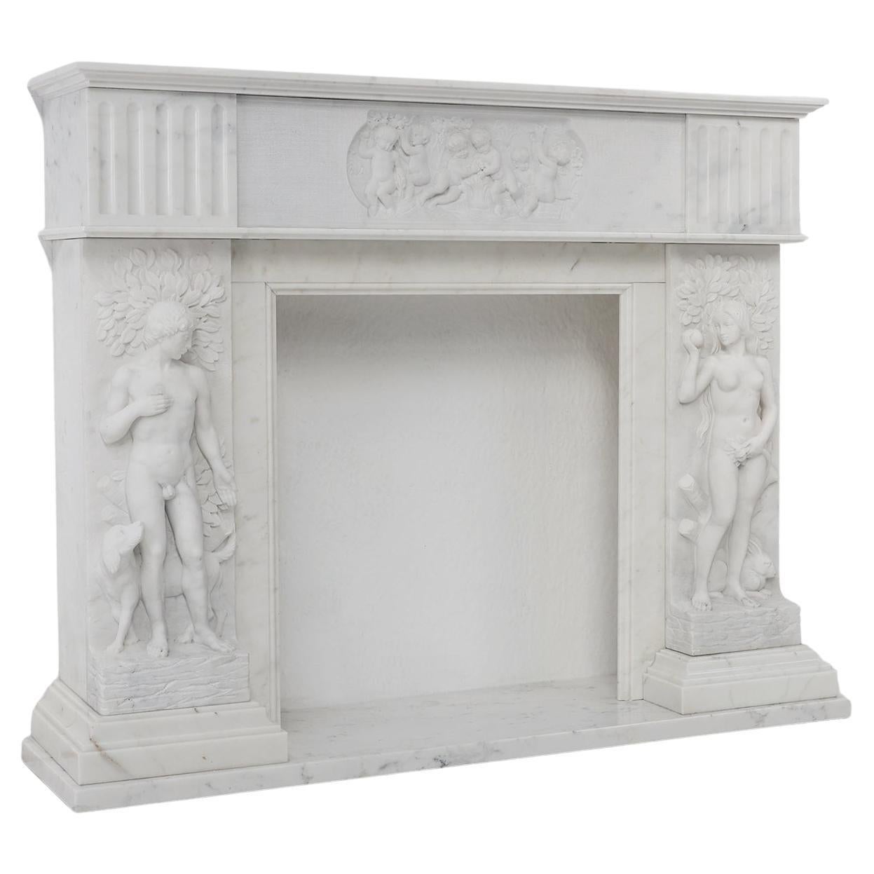 French Carrara marble fire place with Adam and Eve decoration For Sale