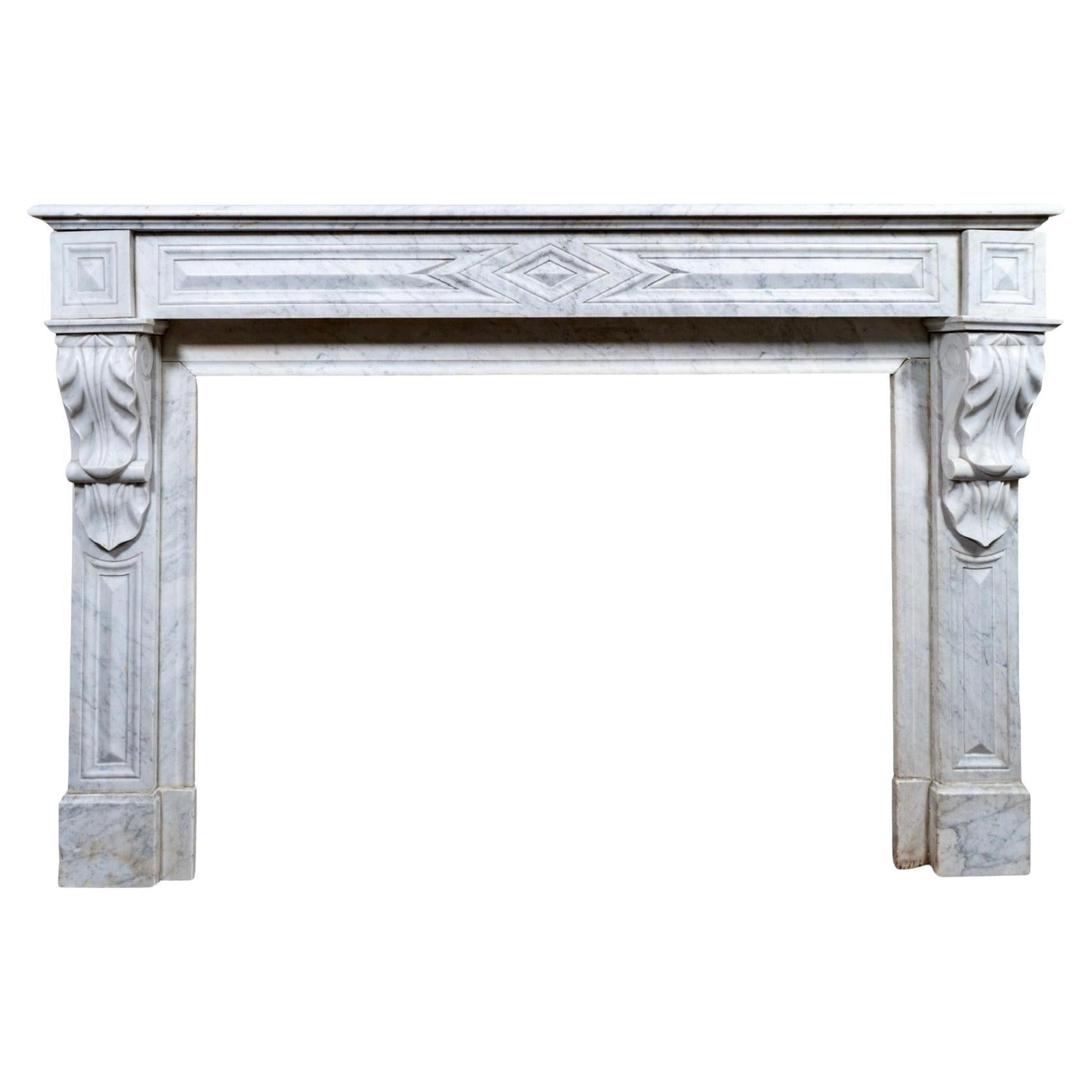 Antique French White Veined Carrara Marble Mantel