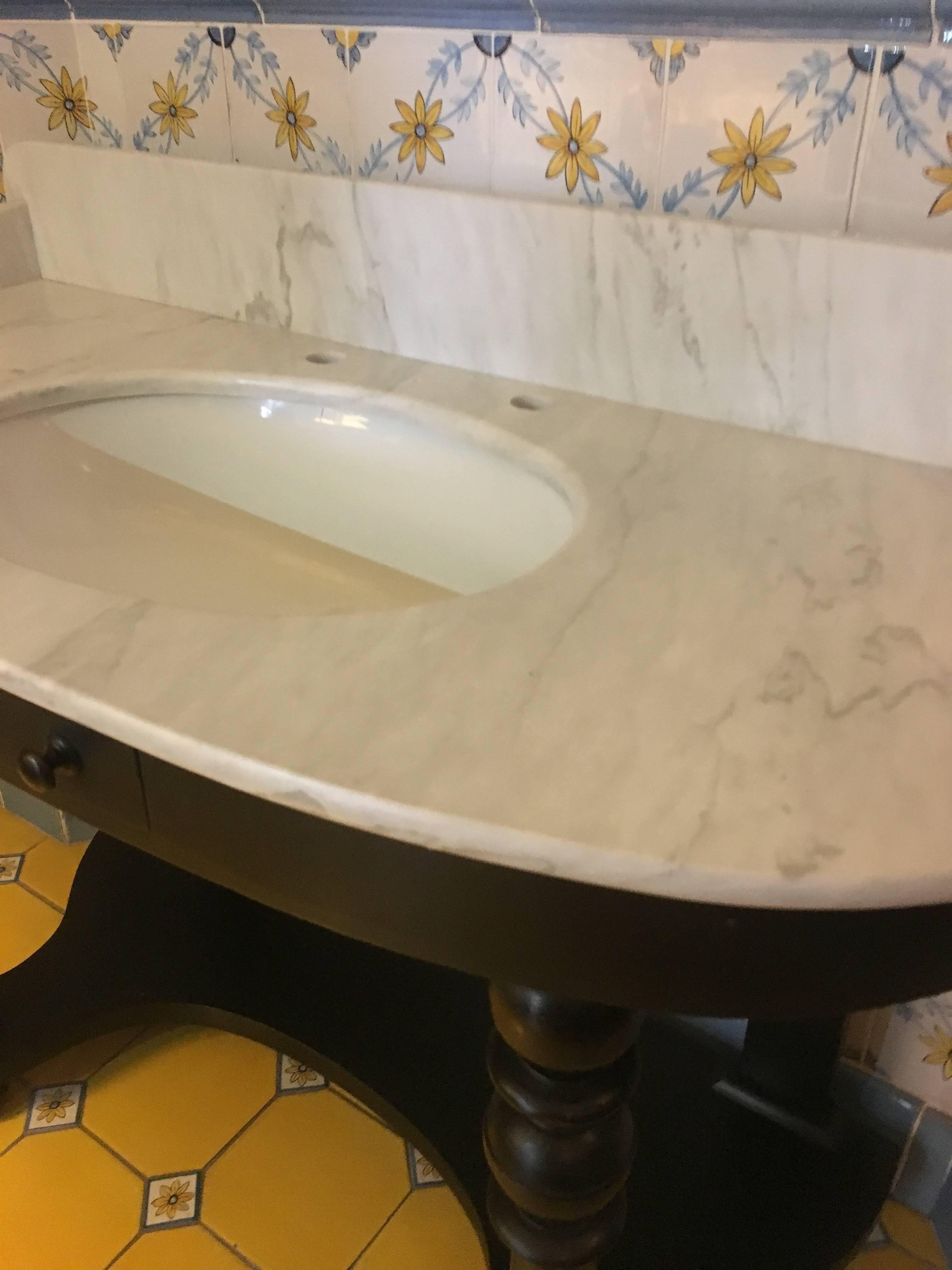 French Carrara Marble Top Sink with Ebonized Wood Base from 1890s 9